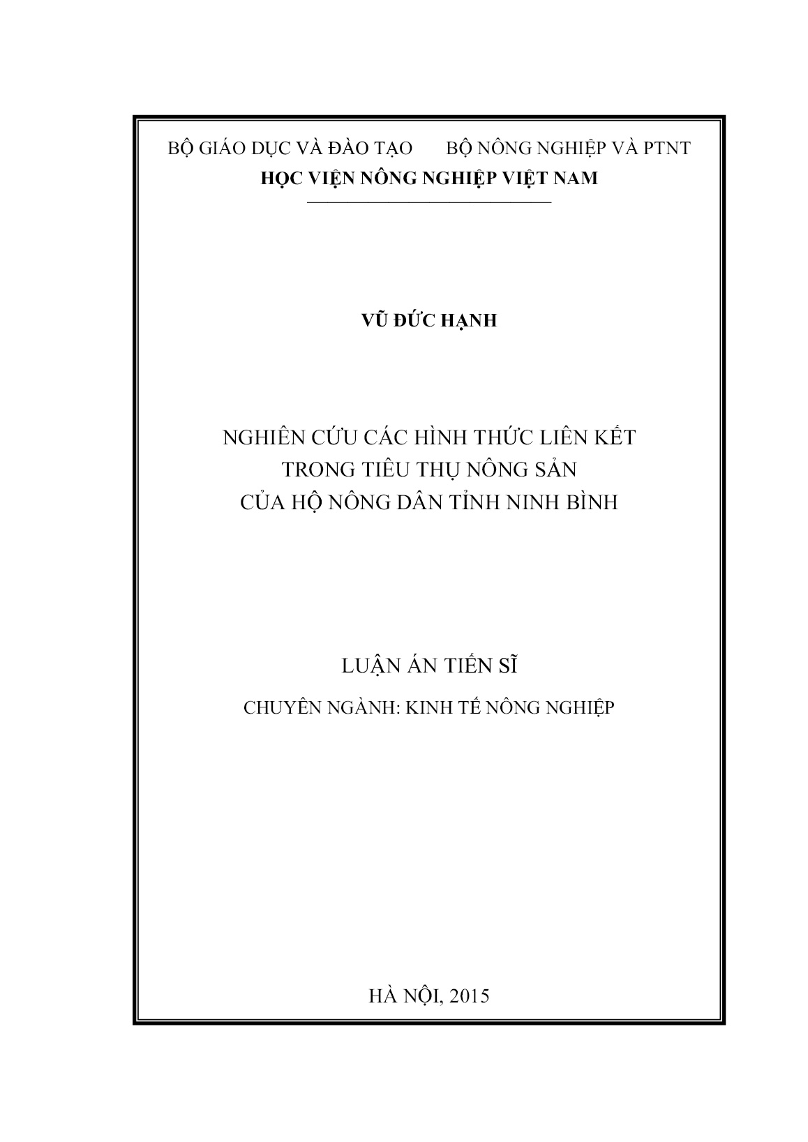 Luận án Nghiên cứu các hình thức liên kết trong tiêu thụ nông sản của hộ nông dân tỉnh Ninh Bình trang 1