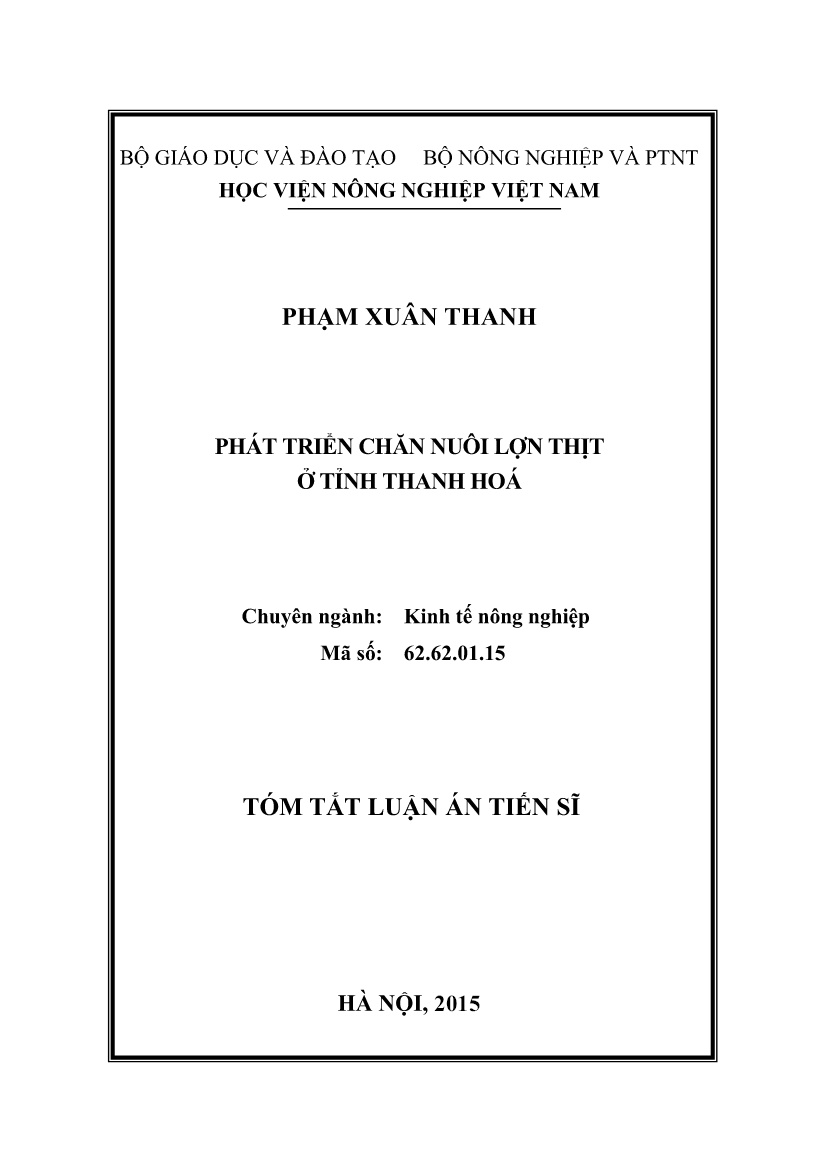Tóm tắt Luận án Phát triển chăn nuôi lợn thịt ở tỉnh Thanh Hoá trang 1