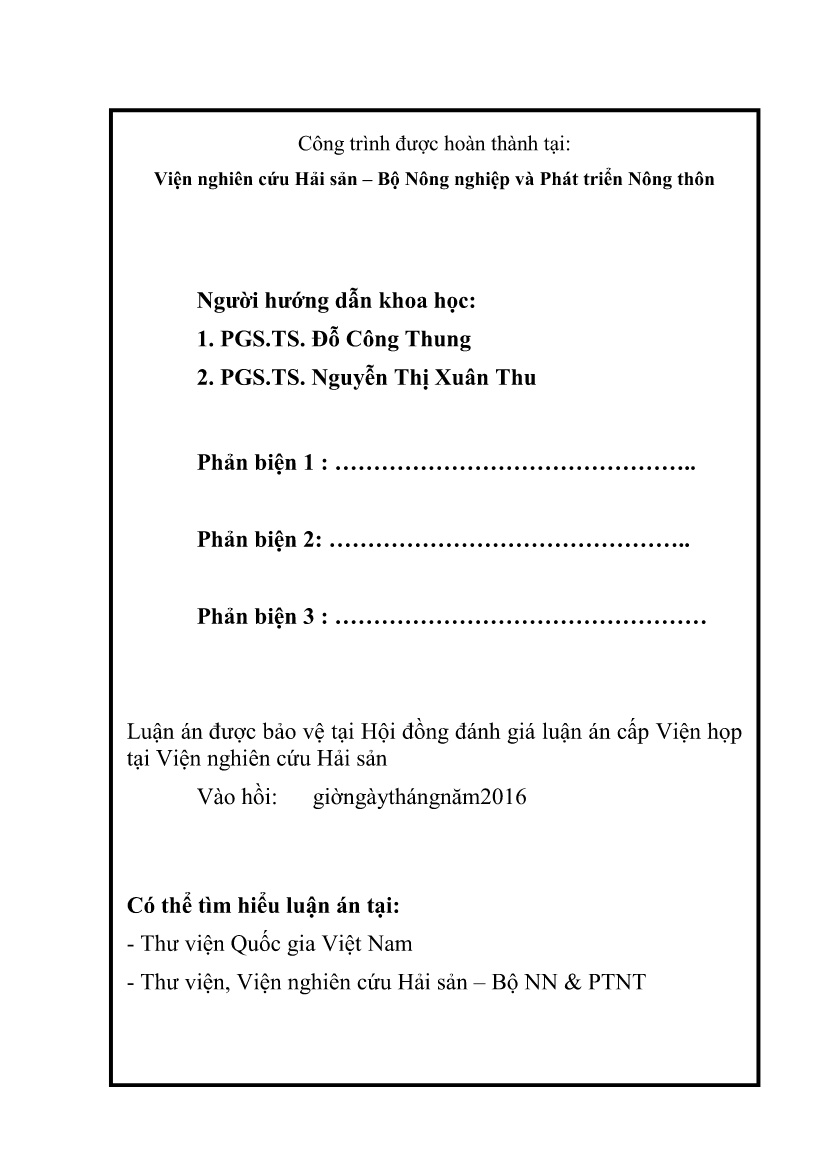 Tóm tắt Luận án Nghiên cứu cơ sở khoa học phục vụ nuôi, bảo tồn và phát triển nguồn lợi hai loài ngao (meretrix meretrix linnaeus, 1785 và meretrix lyrata sowerby, 1851) tại vùng ven biển tỉnh Nam Định trang 2