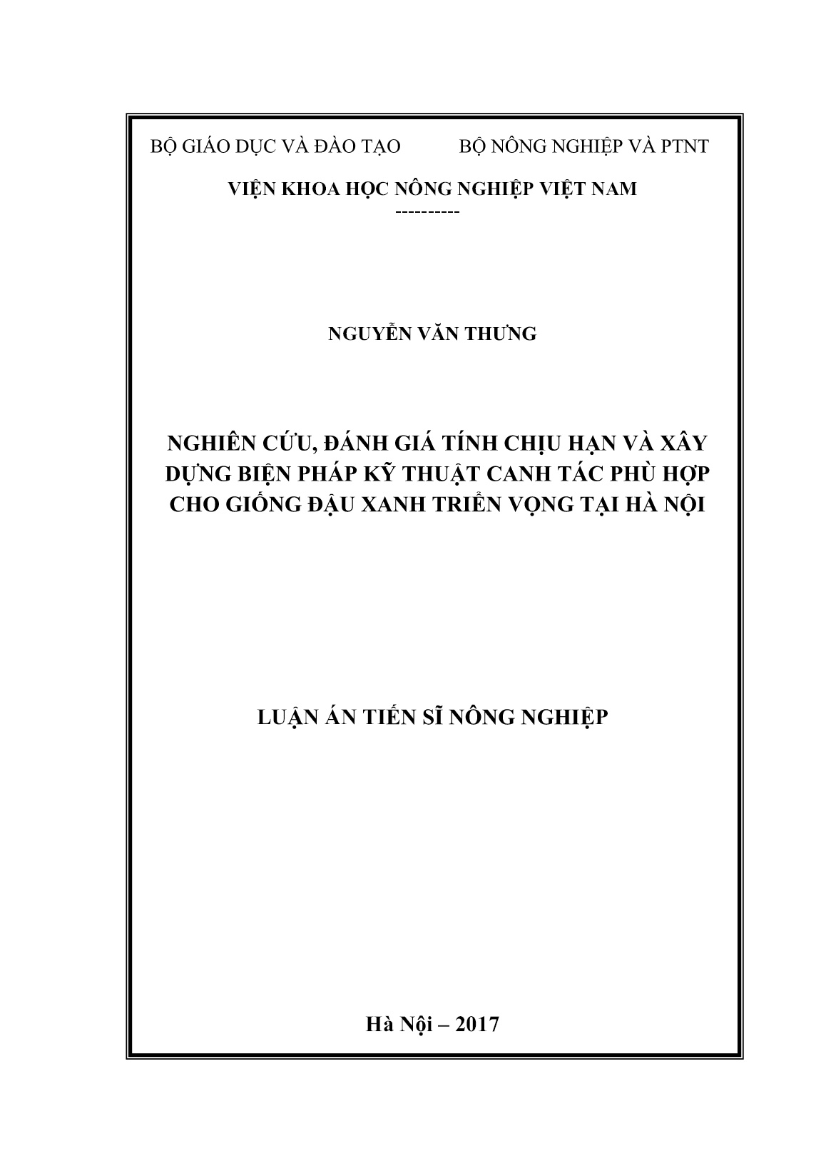 Luận án Nghiên cứu, đánh giá tính chịu hạn và xây dựng biện pháp kỹ thuật canh tác phù hợp cho giống đậu xanh triển vọng tại Hà Nội trang 1