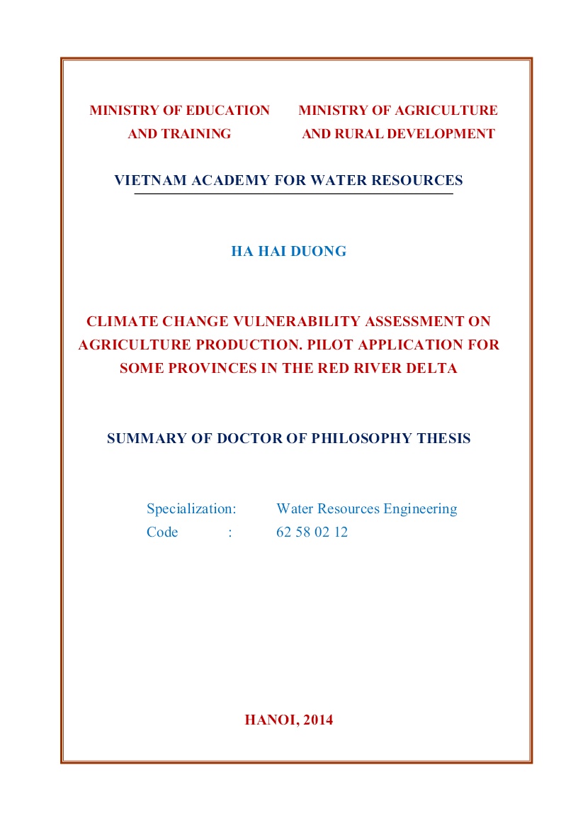 Tóm tắt Luận án Climate change vulnerability assessment on agriculture production. pilot application for some provinces in the red river delta trang 1
