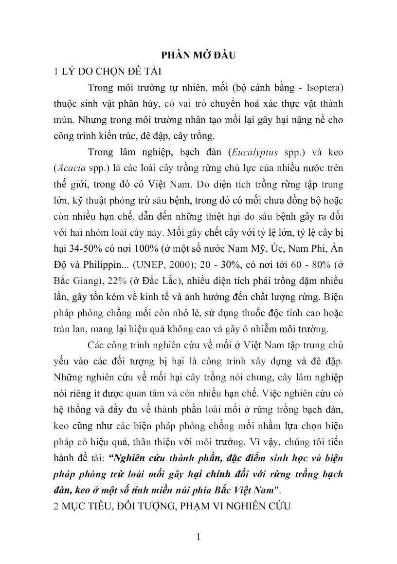 Tóm tắt Luận án Nghiên cứu thành phần, đặc điểm sinh học và biện pháp phòng trừ loài mối gây hại chính đối với rừng trồng bạch đàn, keo ở một số tỉnh miền núi phía Bắc Việt Nam trang 1