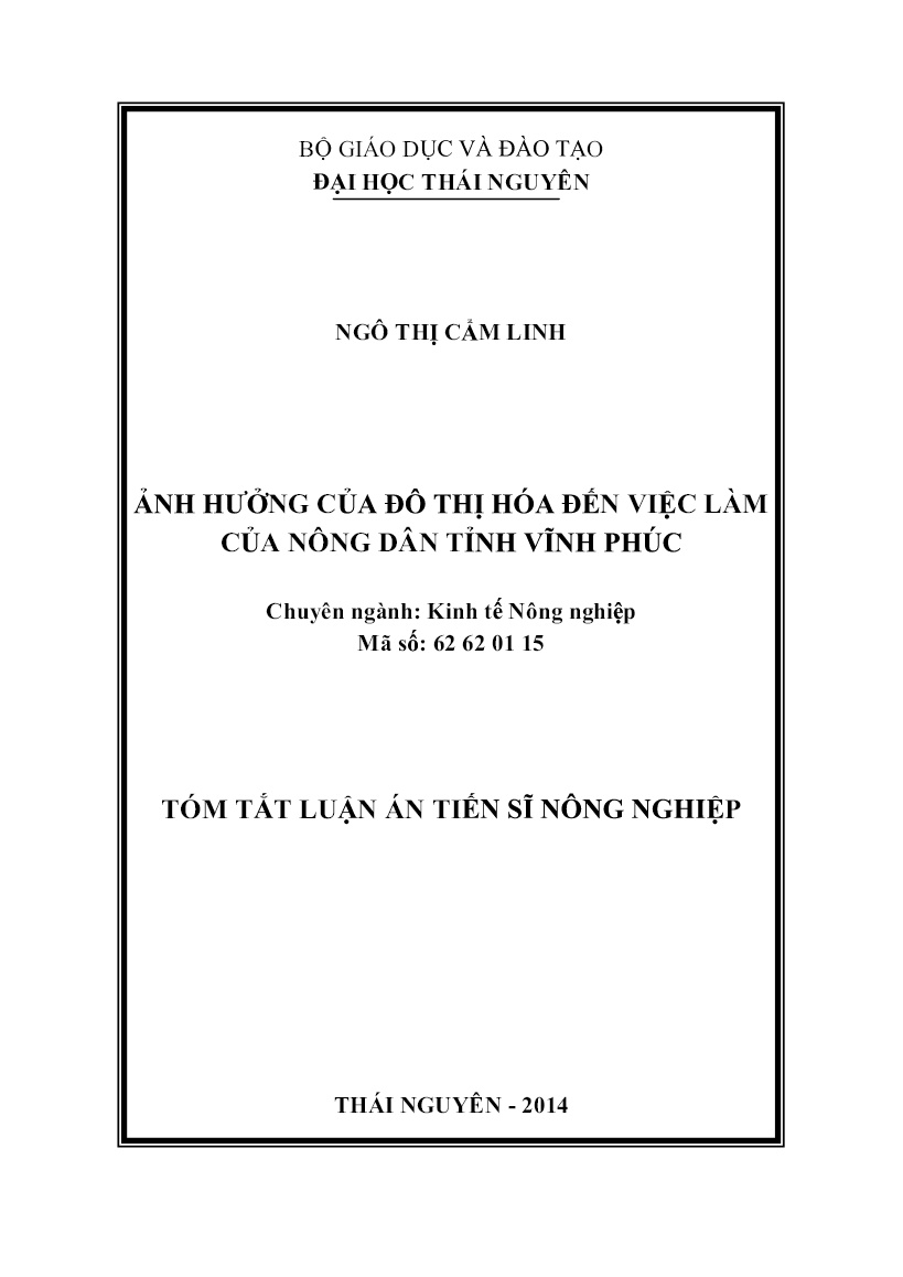 Tóm tắt Luận án Ảnh hưởng của đô thị hóa đến việc làm của nông dân tỉnh Vĩnh Phúc trang 1