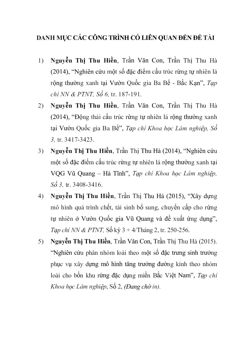 Tóm tắt Luận án Nghiên cứu cấu trúc và xây dựng mô hình tăng trưởng đường kính rừng tự nhiên lá rộng thường xanh miền Bắc Việt Nam trang 3 Tóm tắt Luận án Nghiên cứu cấu trúc và xây dựng mô hình tăng trưởng đường kính rừng tự nhiên lá rộng thường xanh miền Bắc Việt Nam trang 3
