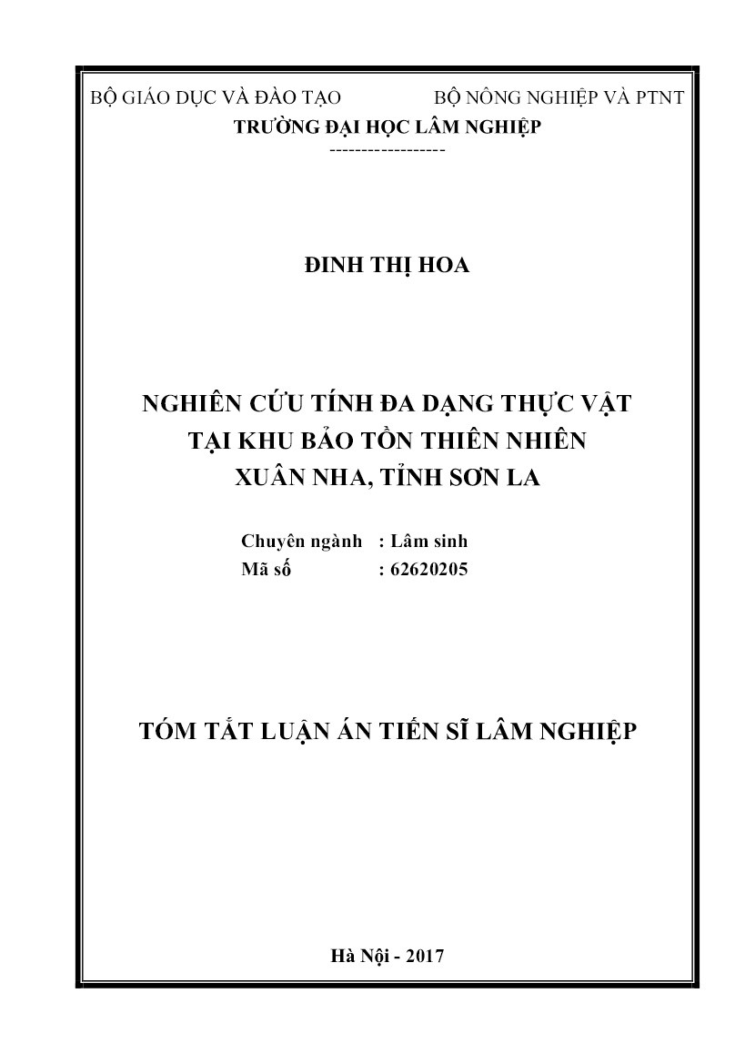 Tóm tắt Luận án Nghiên cứu tính đa dạng thực vật tại khu bảo tồn thiên nhiên Xuân Nha, tỉnh Sơn La trang 1