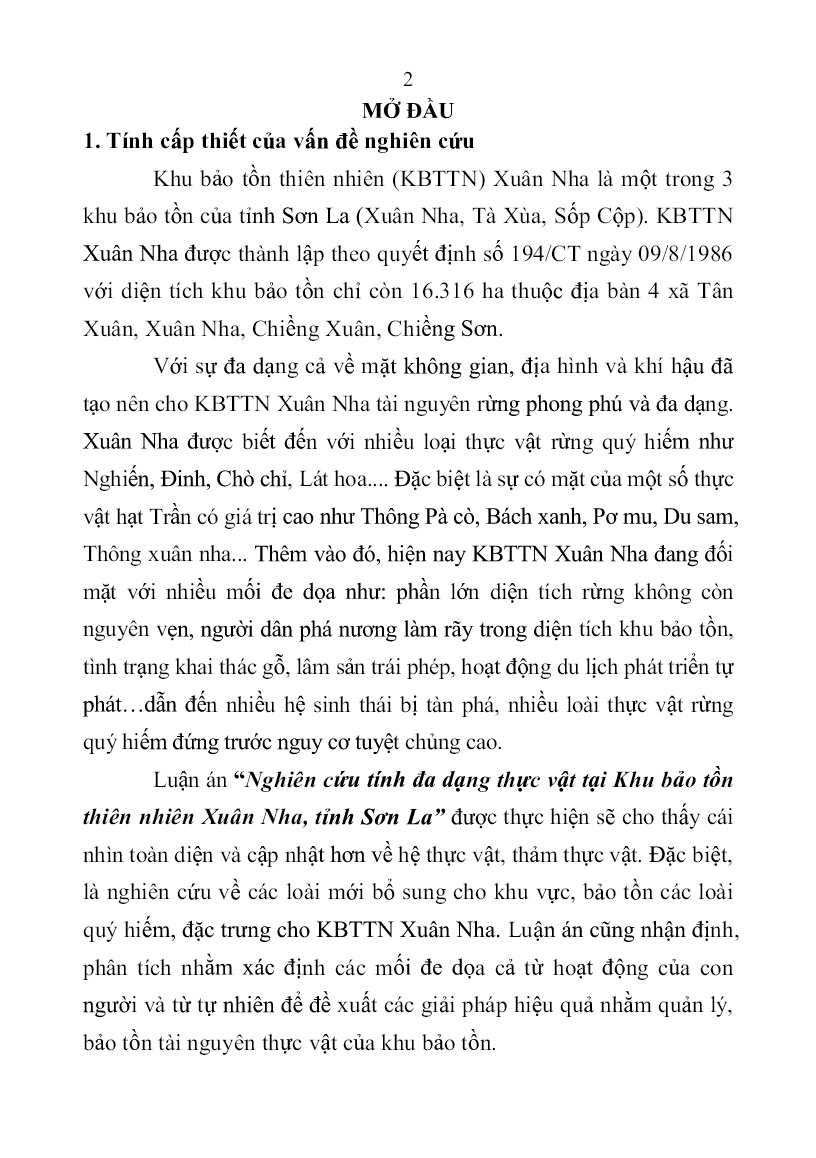 Tóm tắt Luận án Nghiên cứu tính đa dạng thực vật tại khu bảo tồn thiên nhiên Xuân Nha, tỉnh Sơn La trang 4