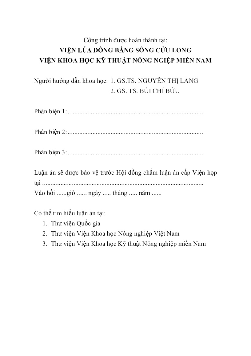 Tóm tắt Luận án Nghiên cứu chọn tạo giống lúa (Oryza sativa L.) chịu nóng bằng chỉ thị phân tử cho đồng bằng sông Cửu Long trang 2