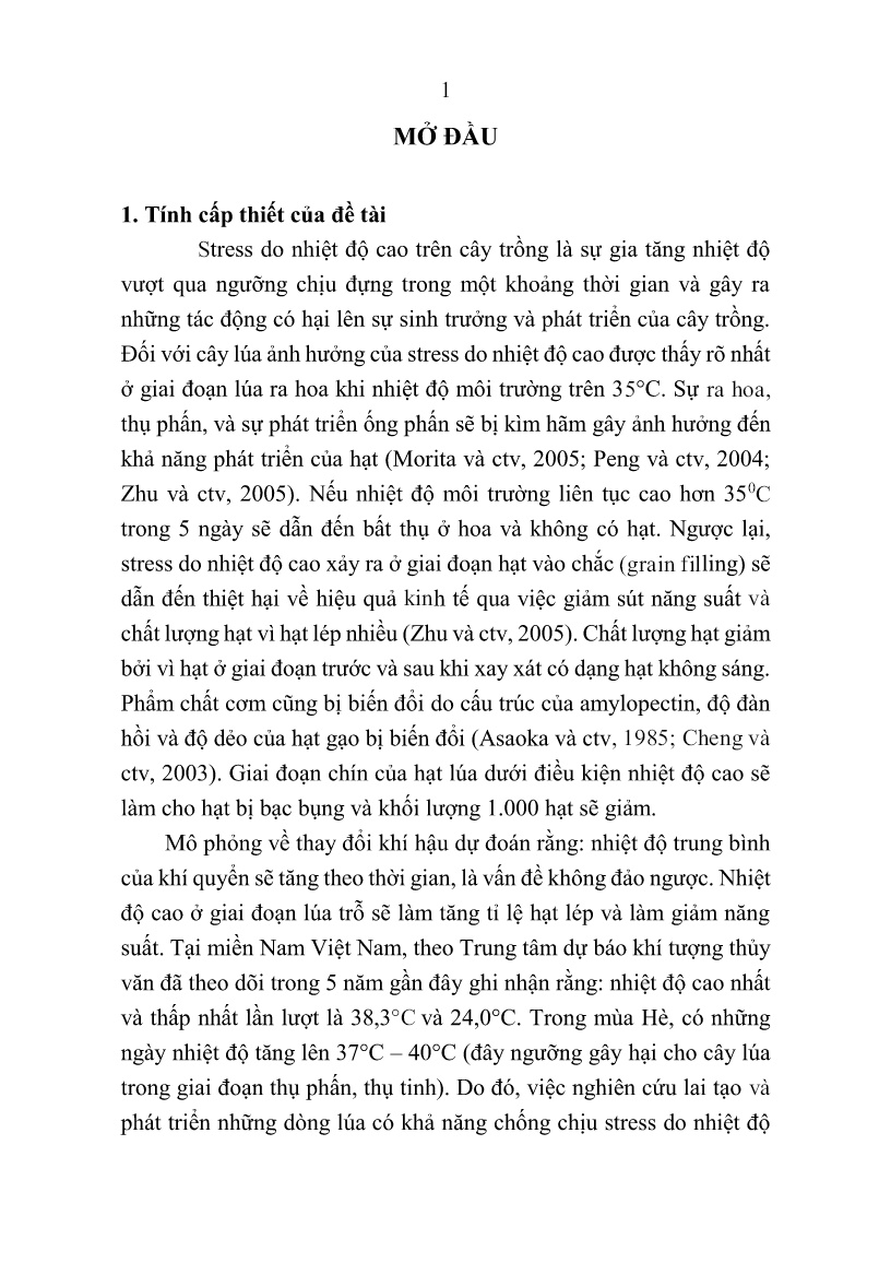 Tóm tắt Luận án Nghiên cứu chọn tạo giống lúa (Oryza sativa L.) chịu nóng bằng chỉ thị phân tử cho đồng bằng sông Cửu Long trang 3