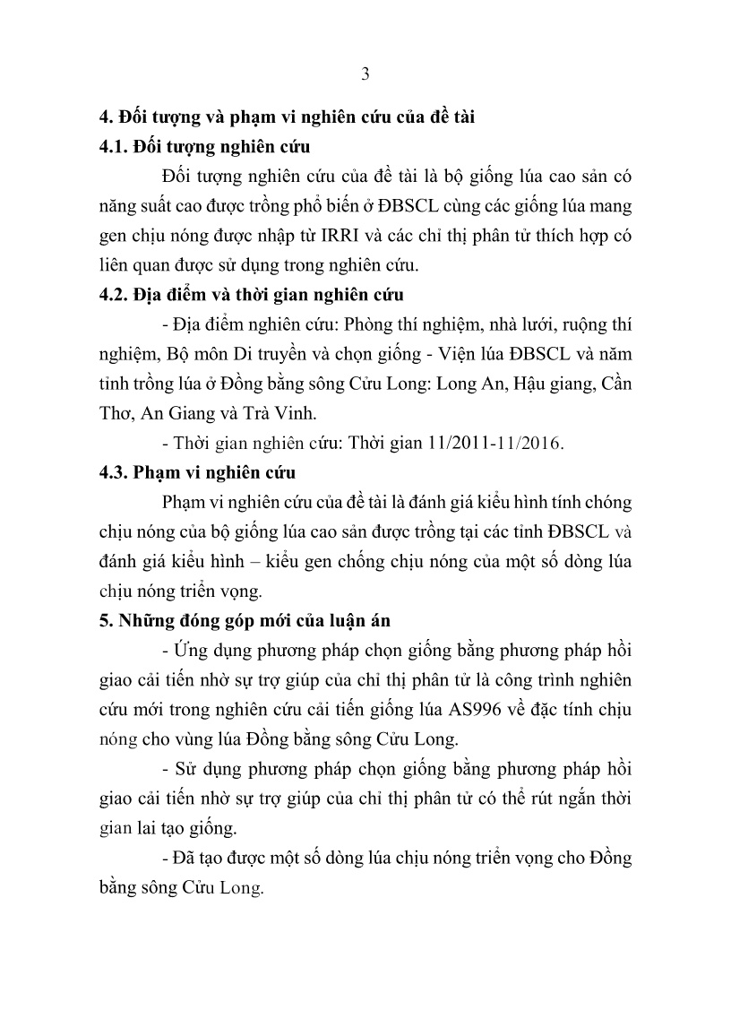 Tóm tắt Luận án Nghiên cứu chọn tạo giống lúa (Oryza sativa L.) chịu nóng bằng chỉ thị phân tử cho đồng bằng sông Cửu Long trang 5