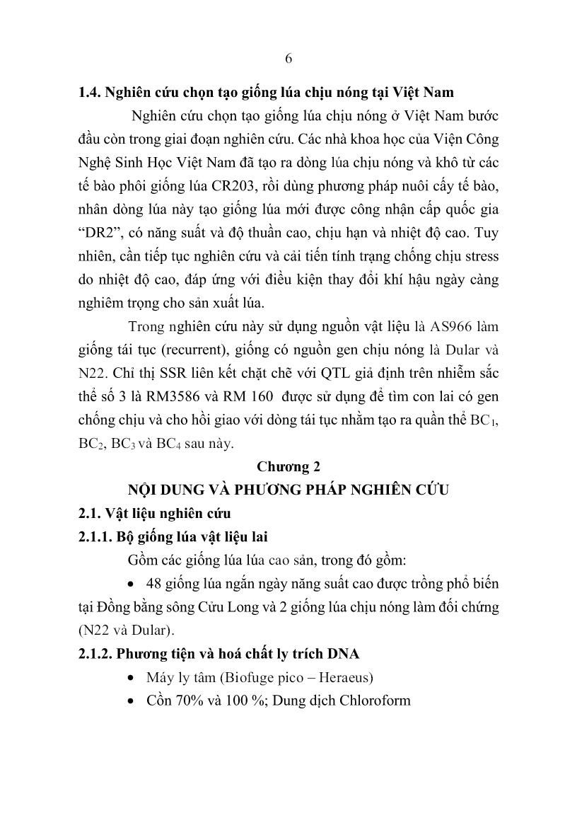 Tóm tắt Luận án Nghiên cứu chọn tạo giống lúa (Oryza sativa L.) chịu nóng bằng chỉ thị phân tử cho đồng bằng sông Cửu Long trang 8