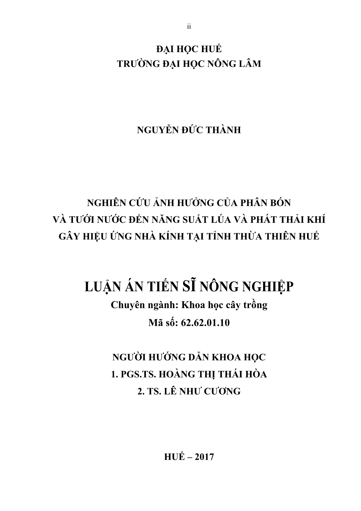 Luận án Nghiên cứu ảnh hưởng của phân bón và tưới nước đến năng suất lúa và phát thải khí gây hiệu ứng nhà kính tại tỉnh Thừa Thiên Huế trang 2