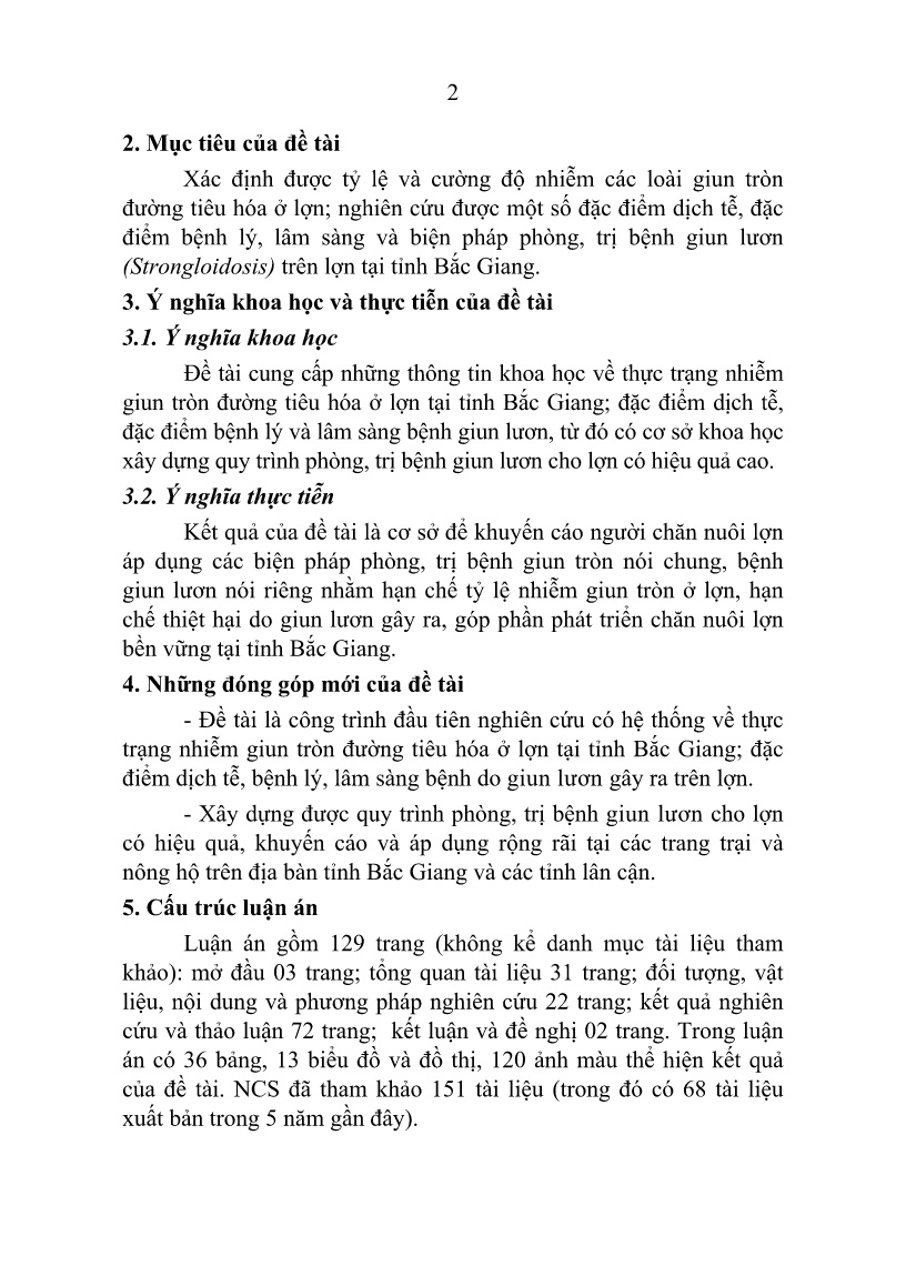 Tóm tắt Luận án Nghiên cứu nhiễm giun tròn đường tiêu hóa, bệnh giun lươn (strongyloidosis) trên lợn tại tỉnh Bắc Giang và biện pháp phòng trị trang 5