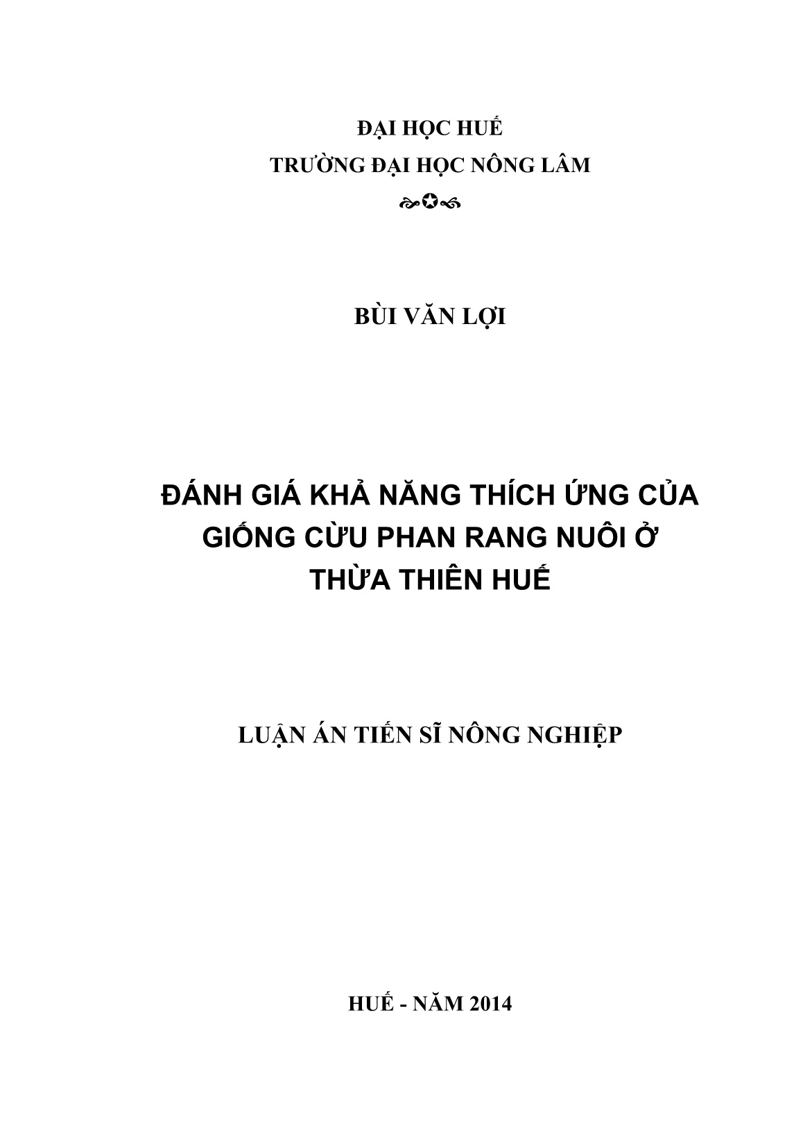 Luận án Đánh giá khả năng thích ứng của giống cừu Phan Rang nuôi ở Thừa Thiên Huế trang 1