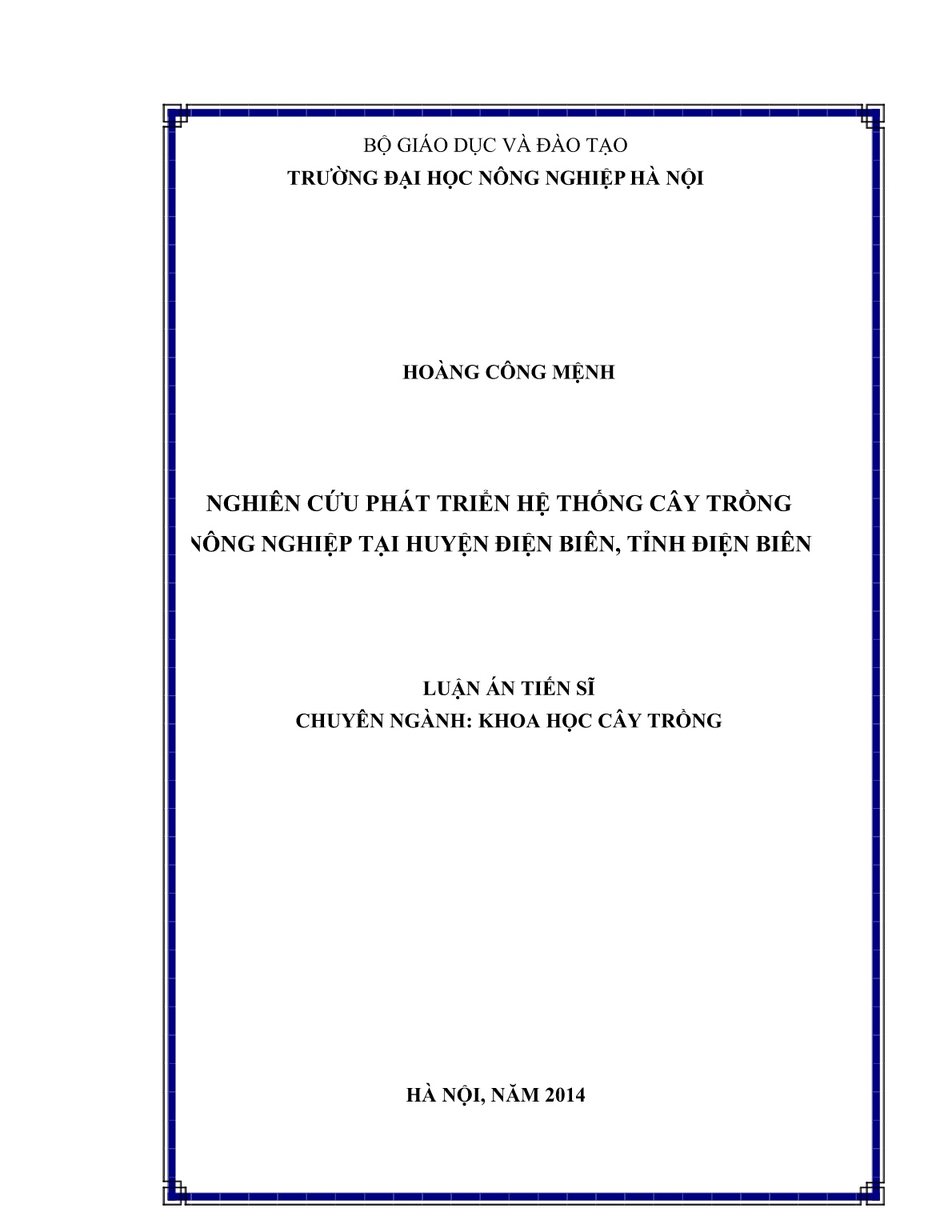 Luận án Nghiên cứu phát triển hệ thống cây trồng nông nghiệp tại huyện Điện Biên, tỉnh Điện Biên trang 1