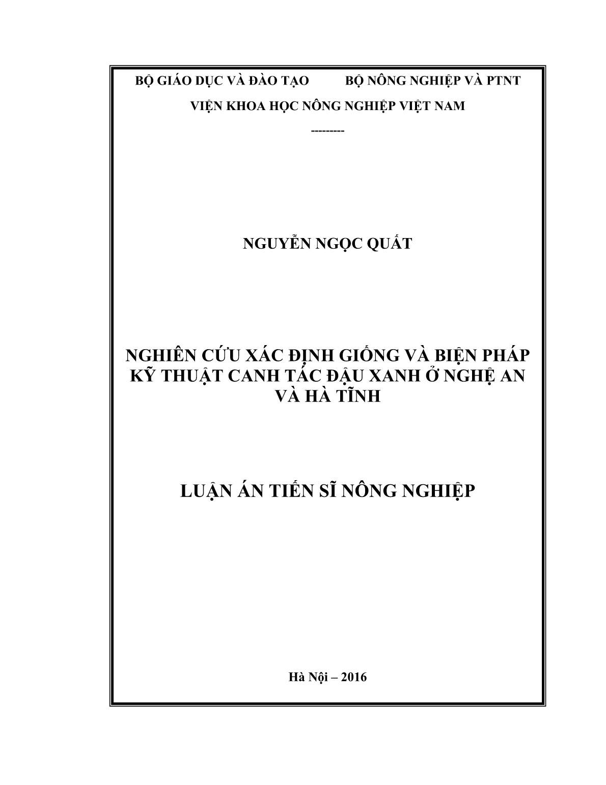 Luận án Nghiên cứu xác định giống và biện pháp kỹ thuật canh tác đậu xanh ở Nghệ An và Hà Tĩnh trang 1