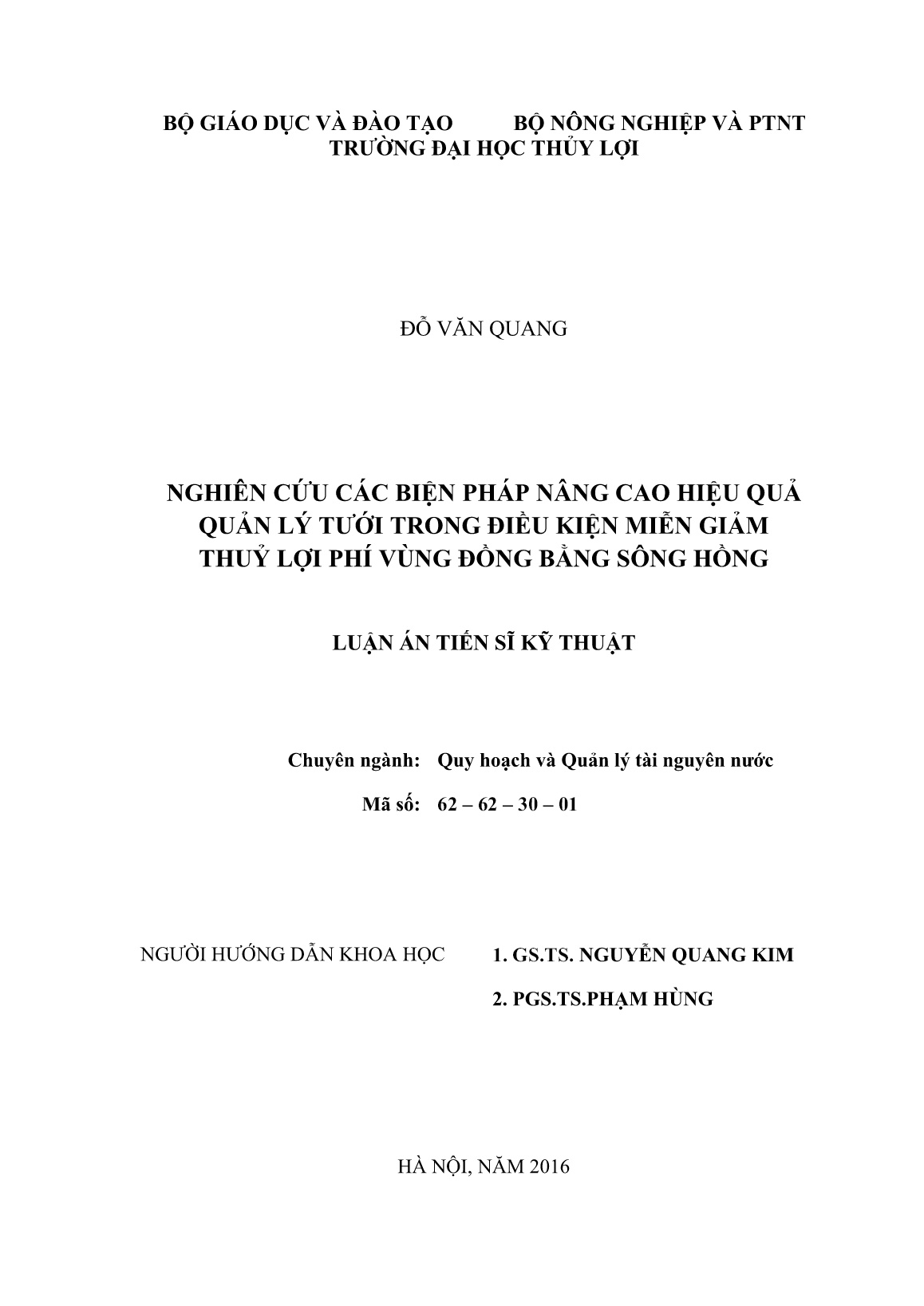 Luận án Nghiên cứu các biện pháp nâng cao hiệu quả quản lý tưới trong điều kiện miễn giảm thuỷ lợi phí vùng đồng bằng sông Hồng trang 2