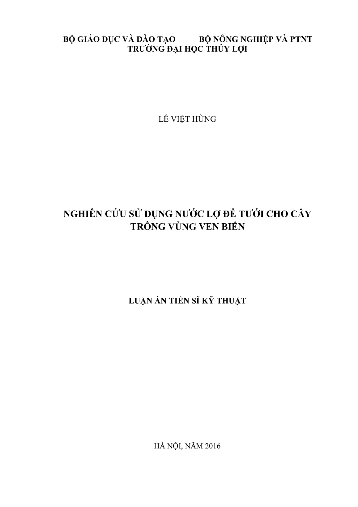 Luận án Nghiên cứu sử dụng nước lợ để tưới cho cây trồng vùng ven biển trang 1