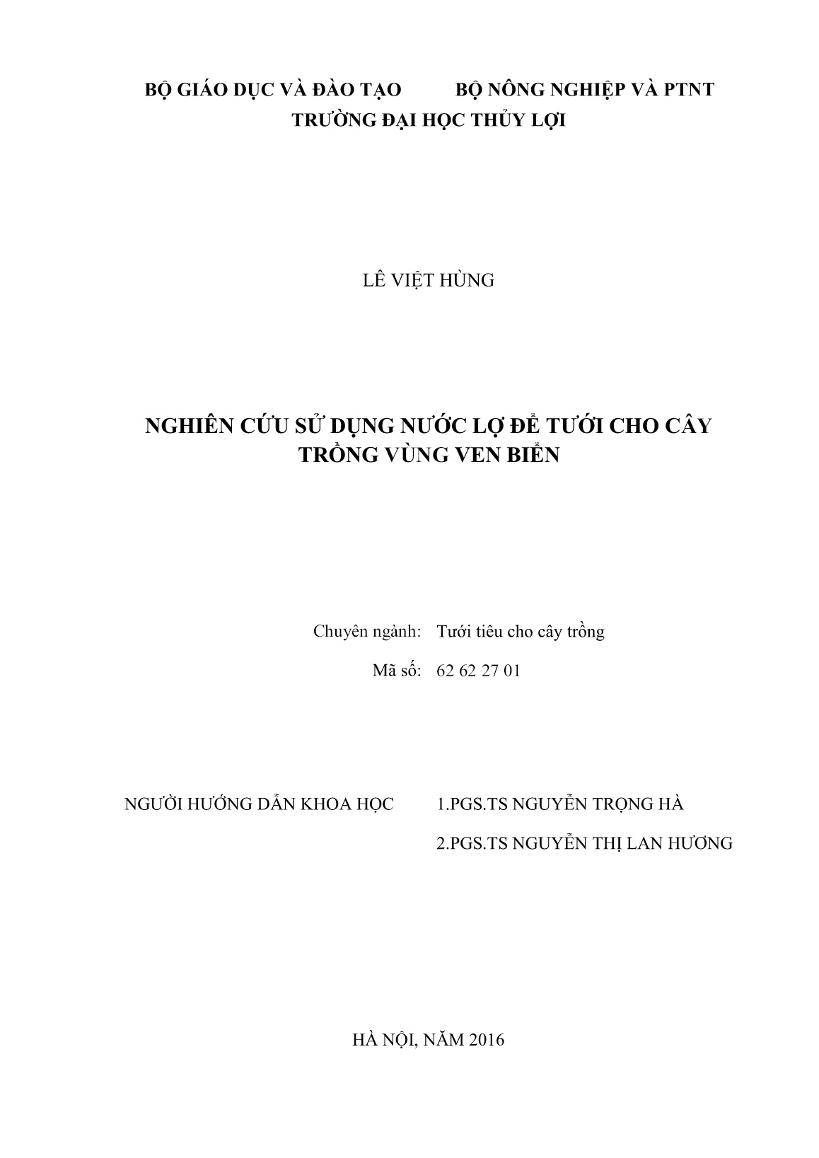 Luận án Nghiên cứu sử dụng nước lợ để tưới cho cây trồng vùng ven biển trang 2