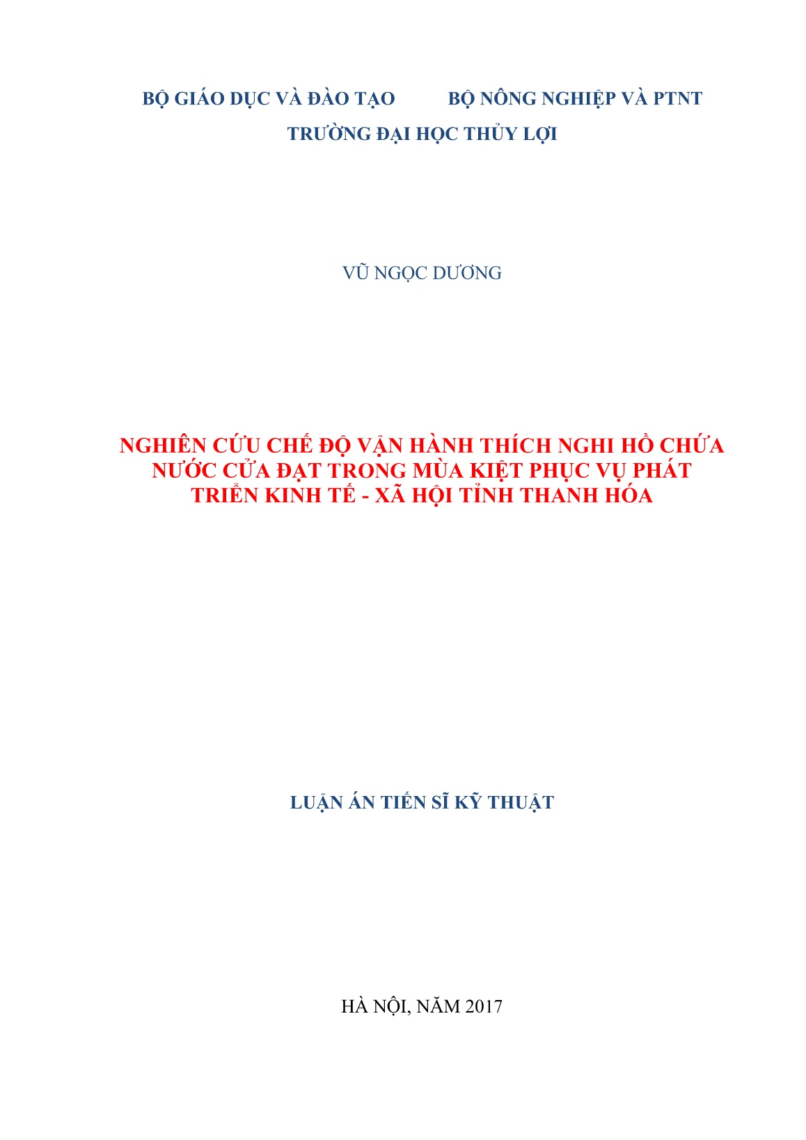 Luận án Nghiên cứu chế độ vận hành thích nghi hồ chứa nước cửa đạt trong mùa kiệt phục vụ phát triển kinh tế - xã hội tỉnh Thanh Hóa trang 1