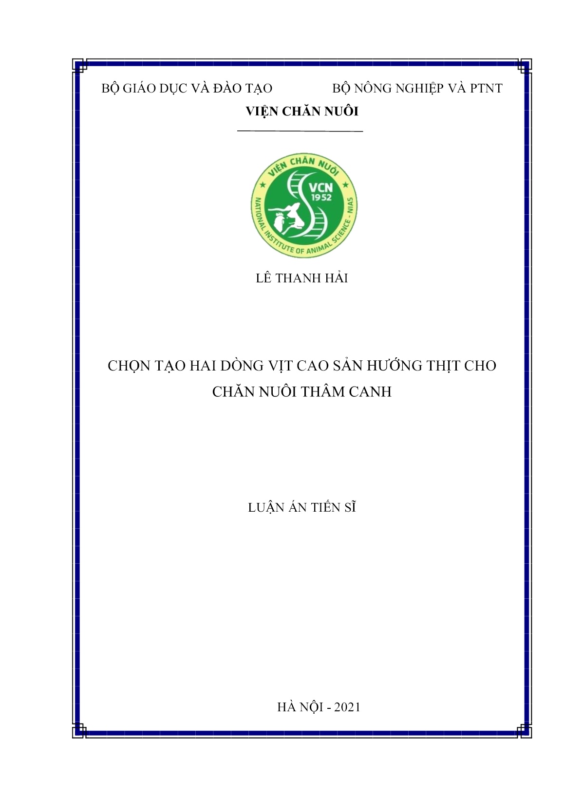 Luận án Chọn tạo hai dòng vịt cao sản hướng thịt cho chăn nuôi thâm canh trang 1
