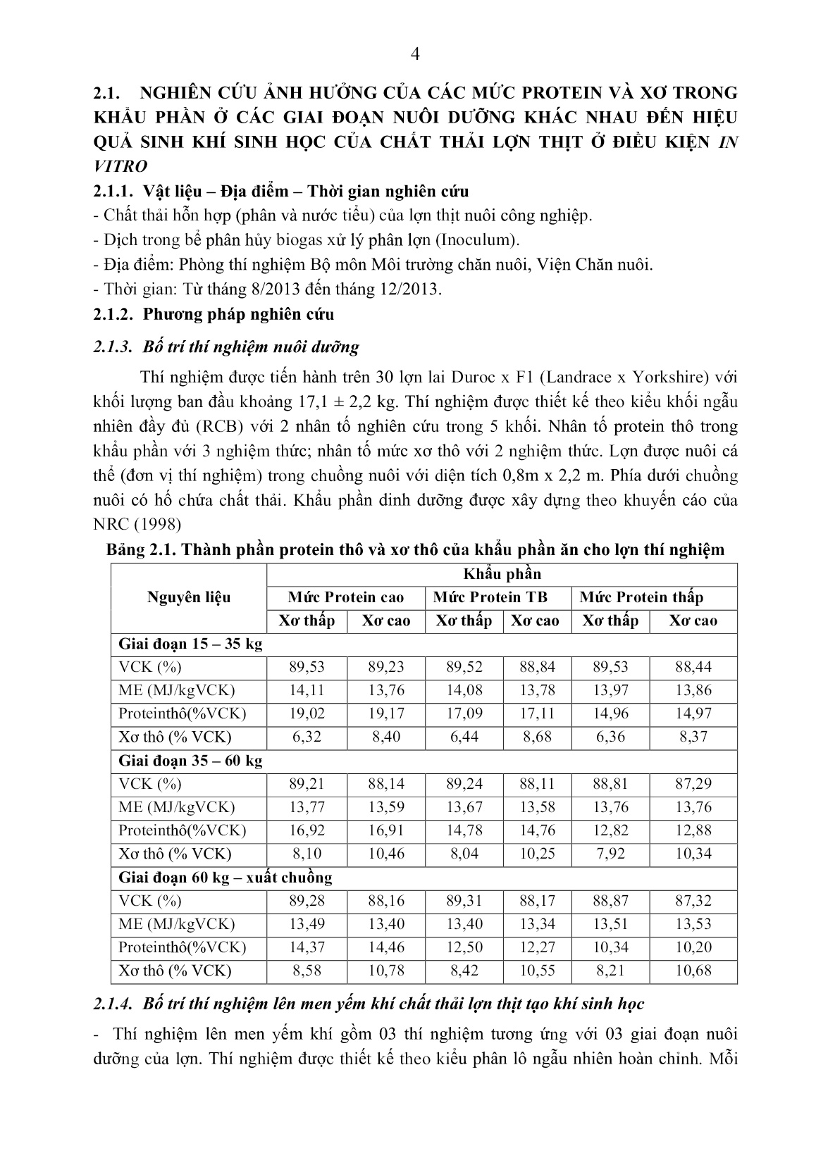 Tóm tắt Luận án Nghiên cứu ảnh hưởng của các mức protein và xơ trong khẩu phần và các biện pháp nâng cao hiệu quả sinh khí sinh học của chất thải lợn thịt trang 6