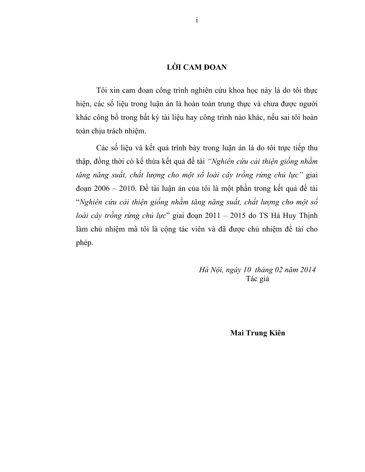 Luận án Nghiên cứu cải thiện giống nhằm tăng năng suất, chất lượng cho một số loài cây trồng rừng chủ lực trang 1