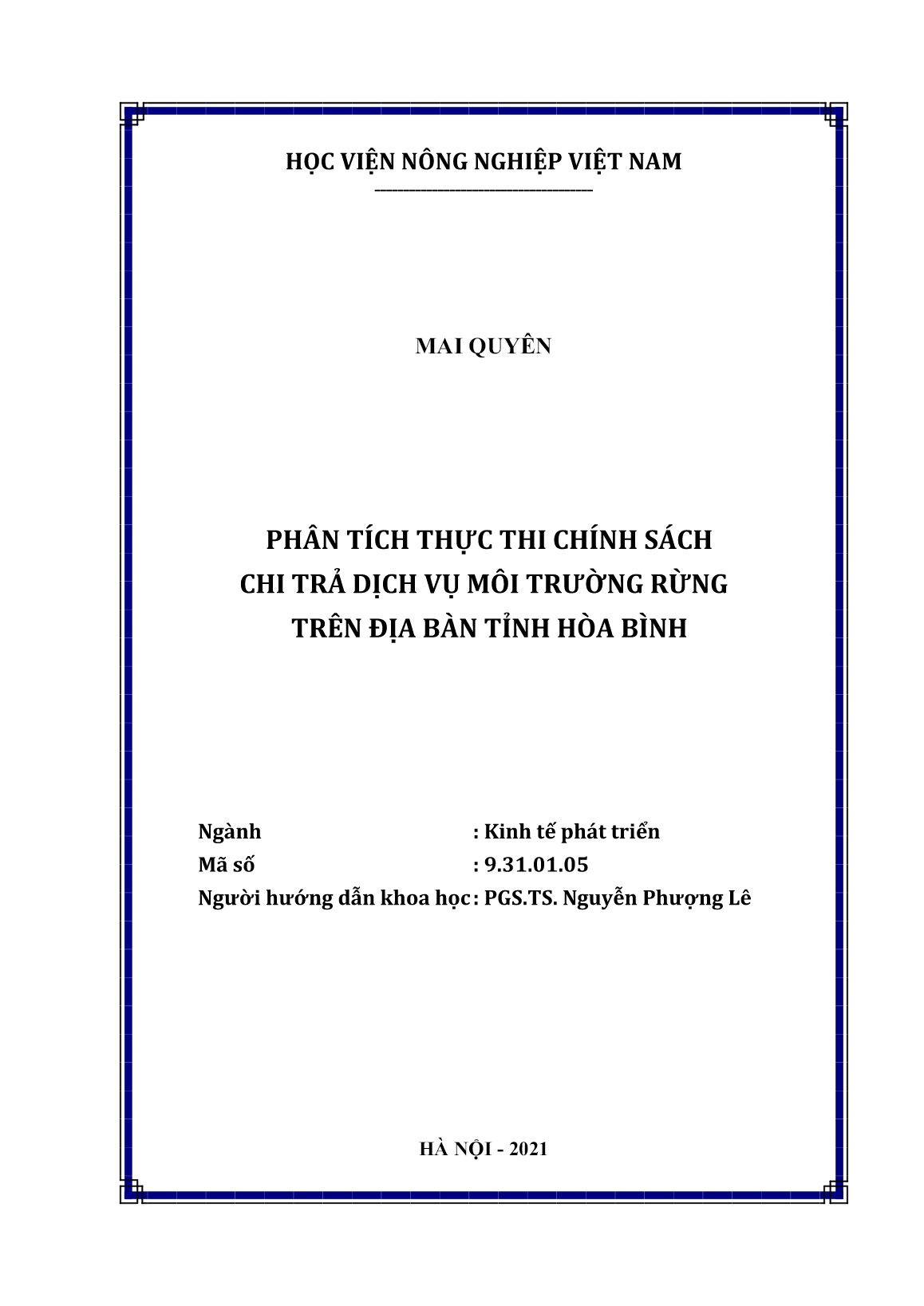 Luận án Phân tích thực thi chính sách chi trả dịch vụ môi trường rừng trên địa bàn tỉnh Hòa Bình trang 2