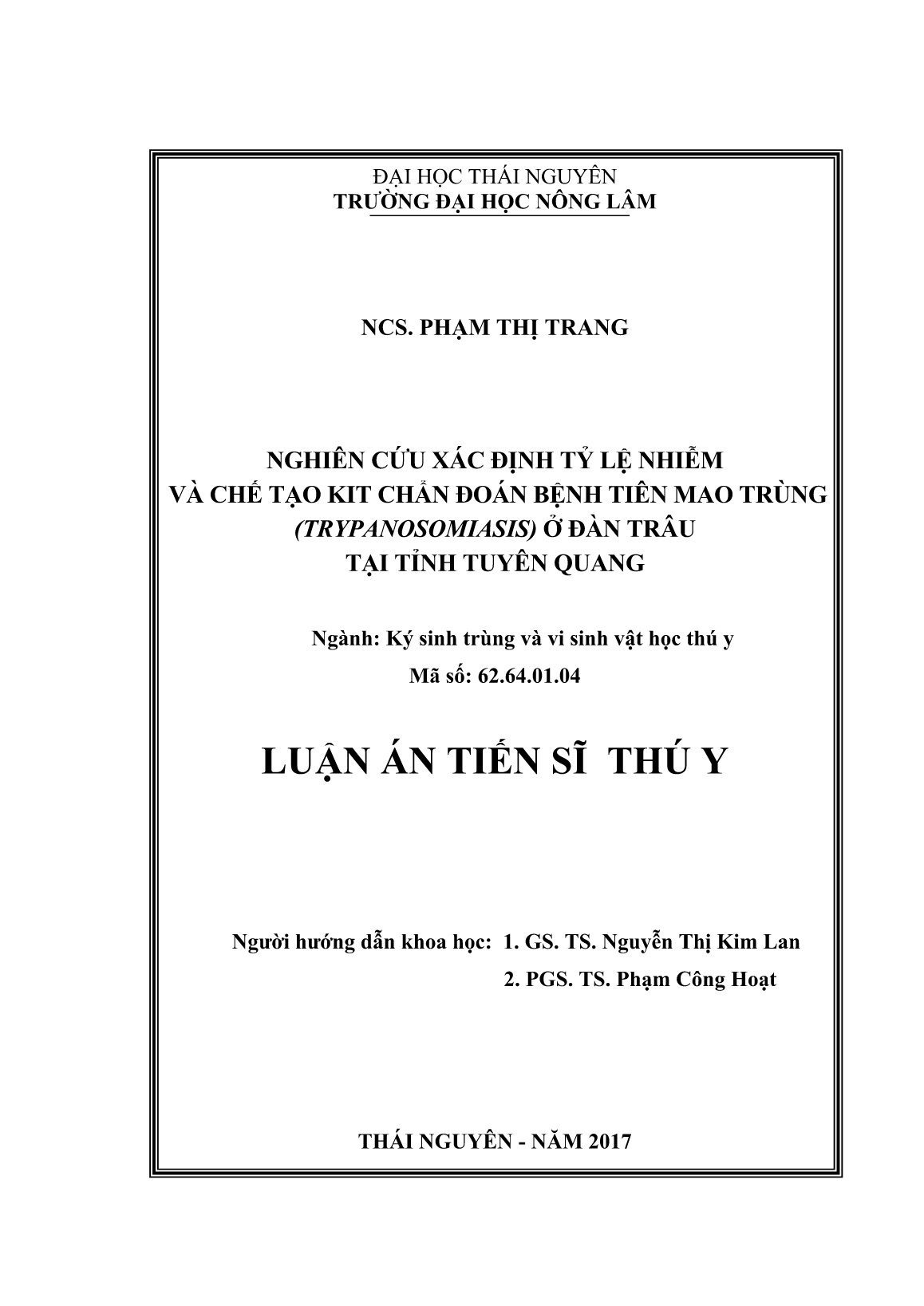 Luận án Nghiên cứu xác định tỷ lệ nhiễm và chế tạo kit chẩn đoán bệnh tiên mao trùng (Trypanosomiasis) ở đàn trâu tại tỉnh Tuyên Quang trang 2