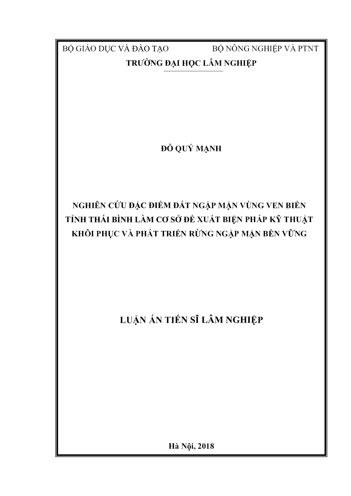 Luận án Nghiên cứu đặc điểm đất ngập mặn vùng ven biển tỉnh Thái Bình làm cơ sở đề xuất biện pháp kỹ thuật khôi phục và phát triển rừng ngập mặn bền vững trang 1