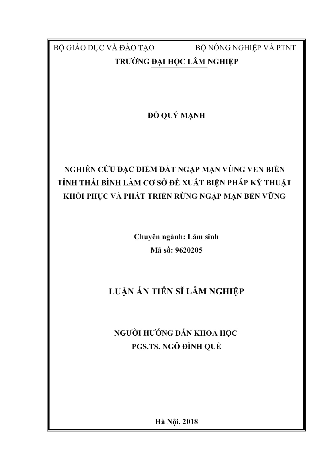 Luận án Nghiên cứu đặc điểm đất ngập mặn vùng ven biển tỉnh Thái Bình làm cơ sở đề xuất biện pháp kỹ thuật khôi phục và phát triển rừng ngập mặn bền vững trang 2