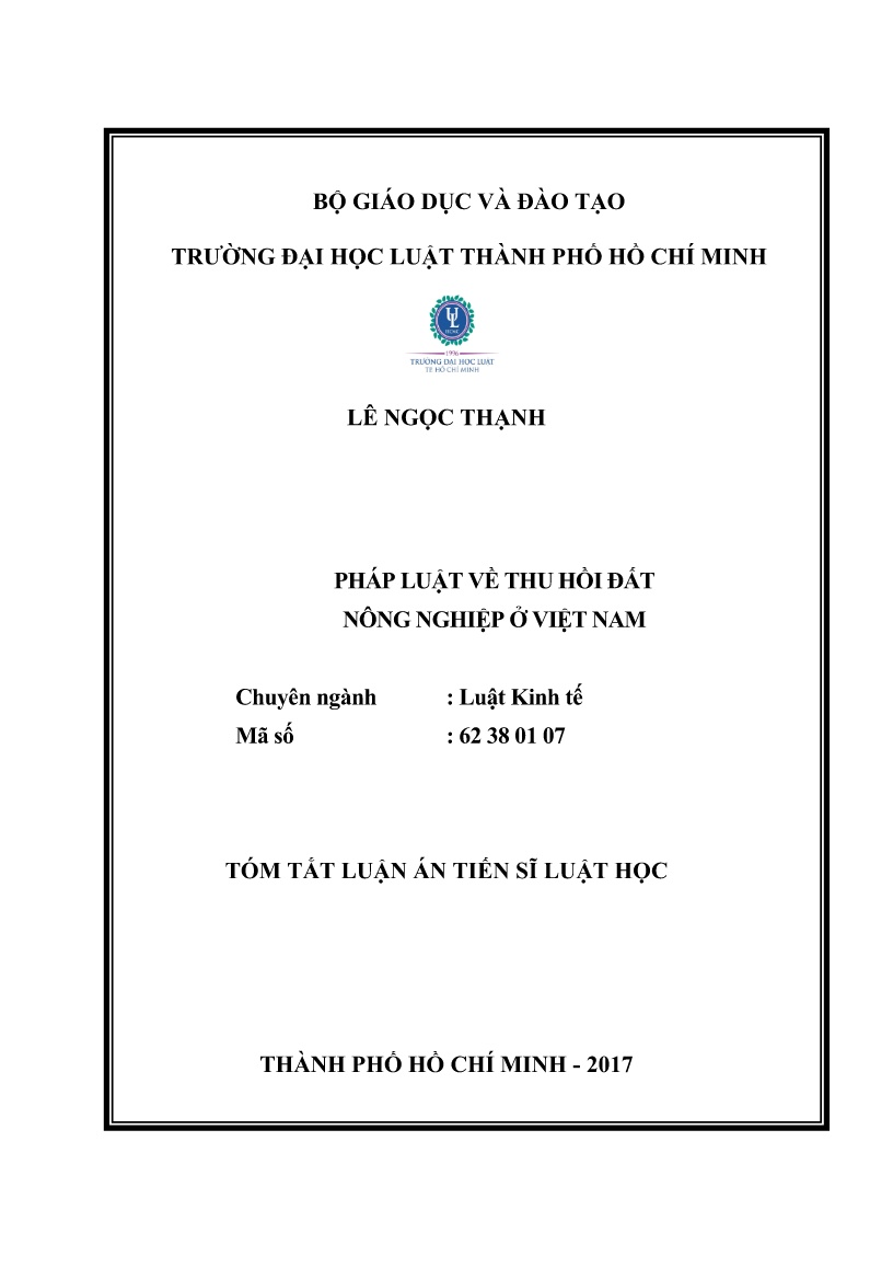 Tóm tắt Luận án Pháp luật về thu hồi đất nông nghiệp ở Việt Nam trang 1