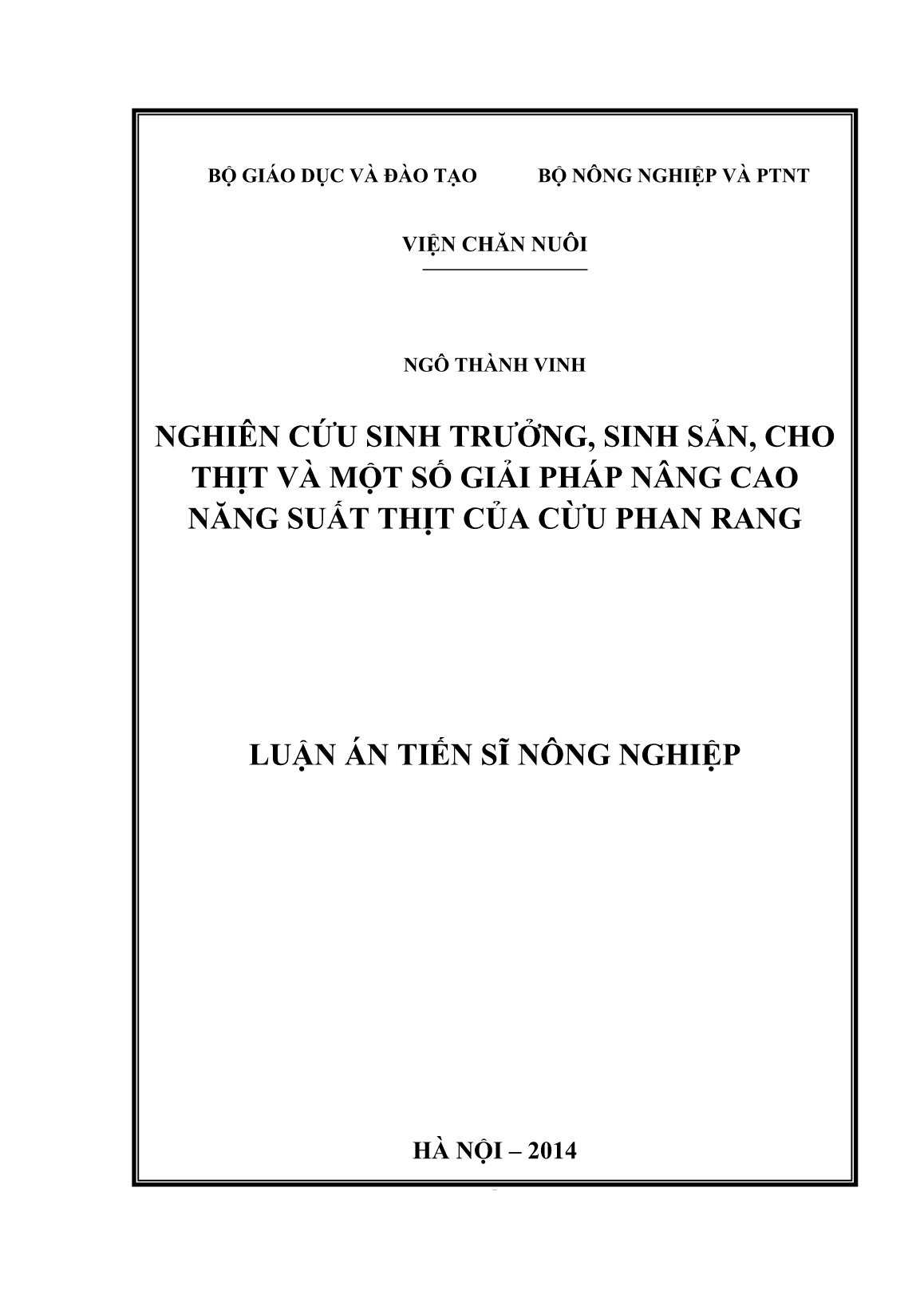 Luận án Nghiên cứu sinh trưởng, sinh sản, cho thịt và một số giải pháp nâng cao năng suất thịt của cừu Phan Rang trang 1
