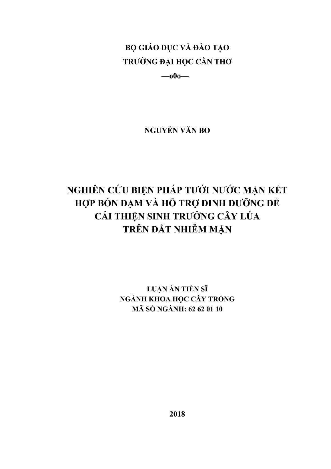 Luận án Nghiên cứu biện pháp tưới nước mặn kết hợp bón đạm và hỗ trợ dinh dưỡng để cải thiện sinh trưởng cây lúa trên đất nhiễm mặn trang 1