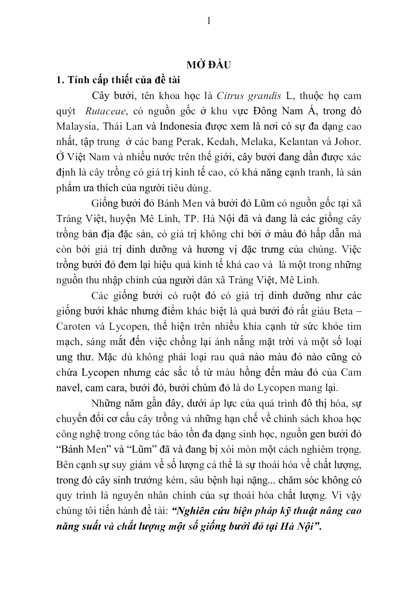 Tóm tắt Luận án Nghiên cứu biện pháp kỹ thuật nâng cao năng suất và chất lượng một số giống bưởi đỏ tại Hà Nội trang 3
