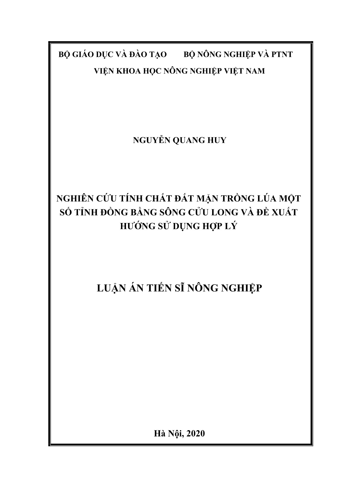 Luận án Nghiên cứu tính chất đất mặn trồng lúa một số tỉnh đồng bằng sông Cửu Long và đề xuất hướng sử dụng hợp lý trang 1 Luận án Nghiên cứu tính chất đất mặn trồng lúa một số tỉnh đồng bằng sông Cửu Long và đề xuất hướng sử dụng hợp lý trang 1