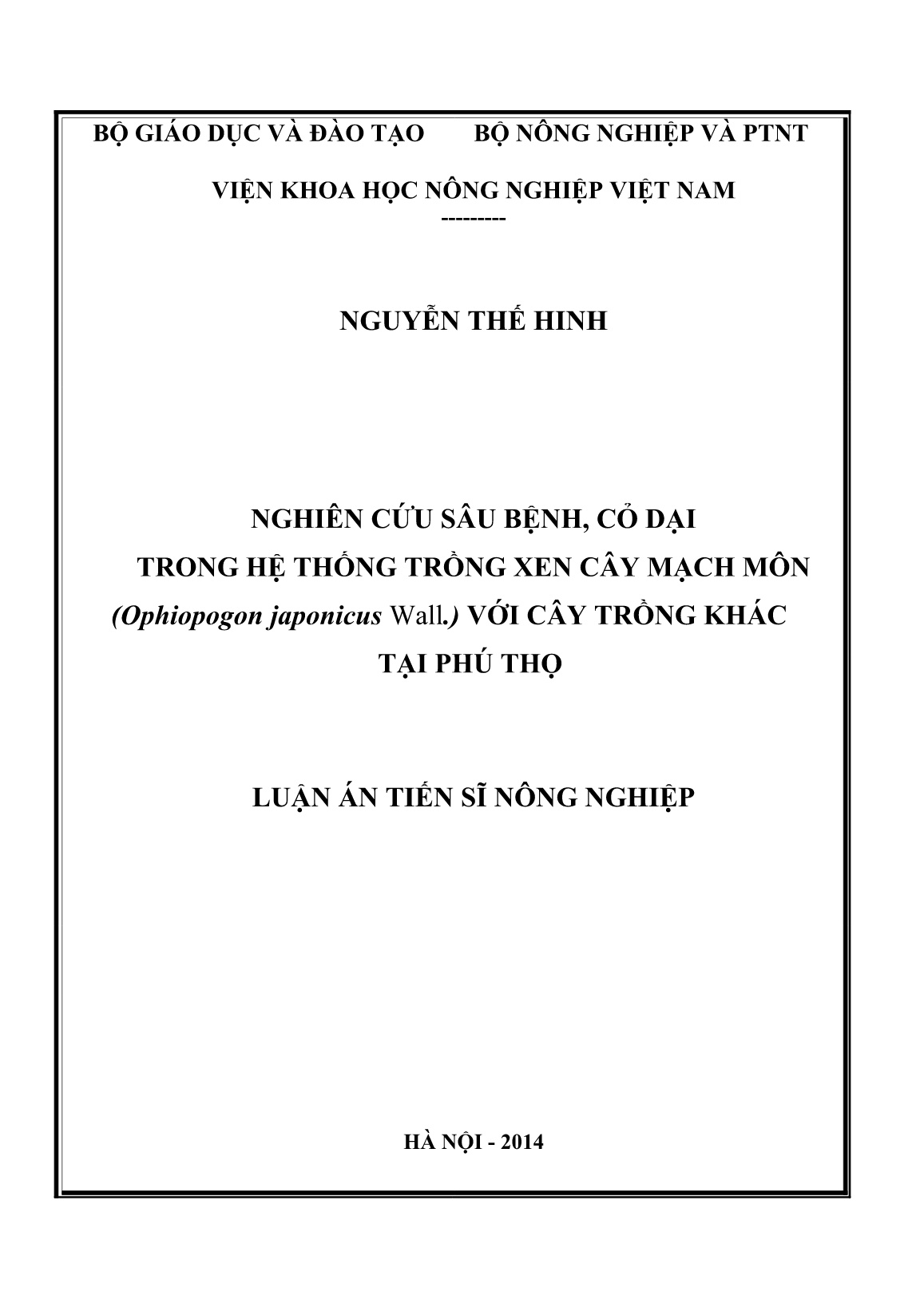 Luận án Nghiên cứu sâu bệnh, cỏ dại trong hệ thống trồng xen cây mạch môn (Ophiopogon japonicus Wall.) với cây trồng khác tại Phú Thọ trang 1