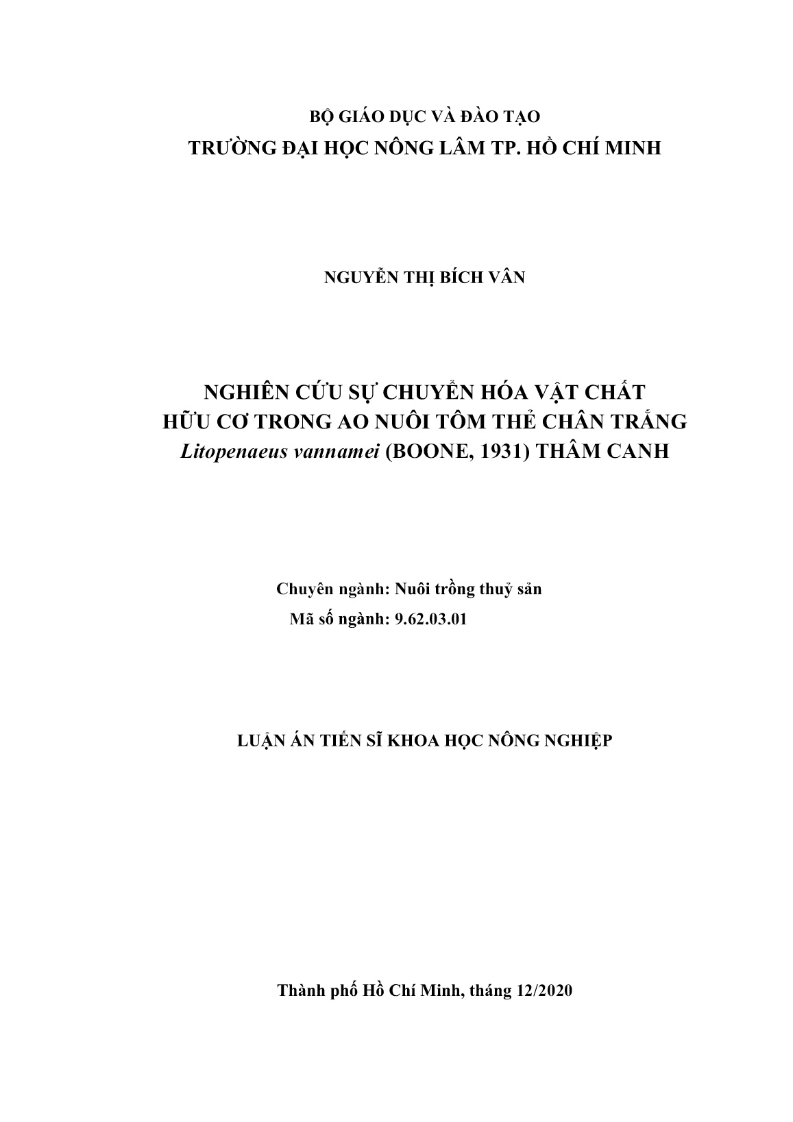 Luận án Nghiên cứu sự chuyển hóa vật chất hữu cơ trong ao nuôi tôm thẻ chân trắng Litopenaeus vannamei (boone, 1931) thâm canh trang 1