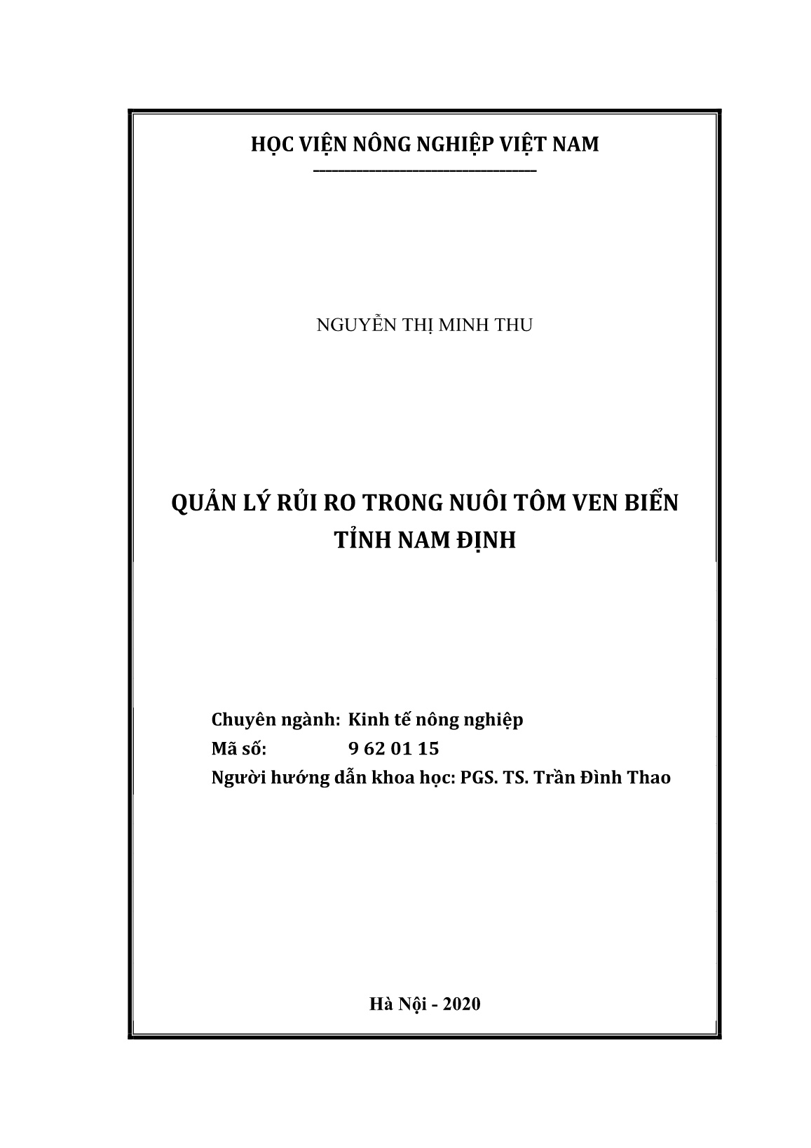 Luận án Quản lý rủi ro trong nuôi tôm ven biển tỉnh Nam Định trang 2 Luận án Quản lý rủi ro trong nuôi tôm ven biển tỉnh Nam Định trang 2