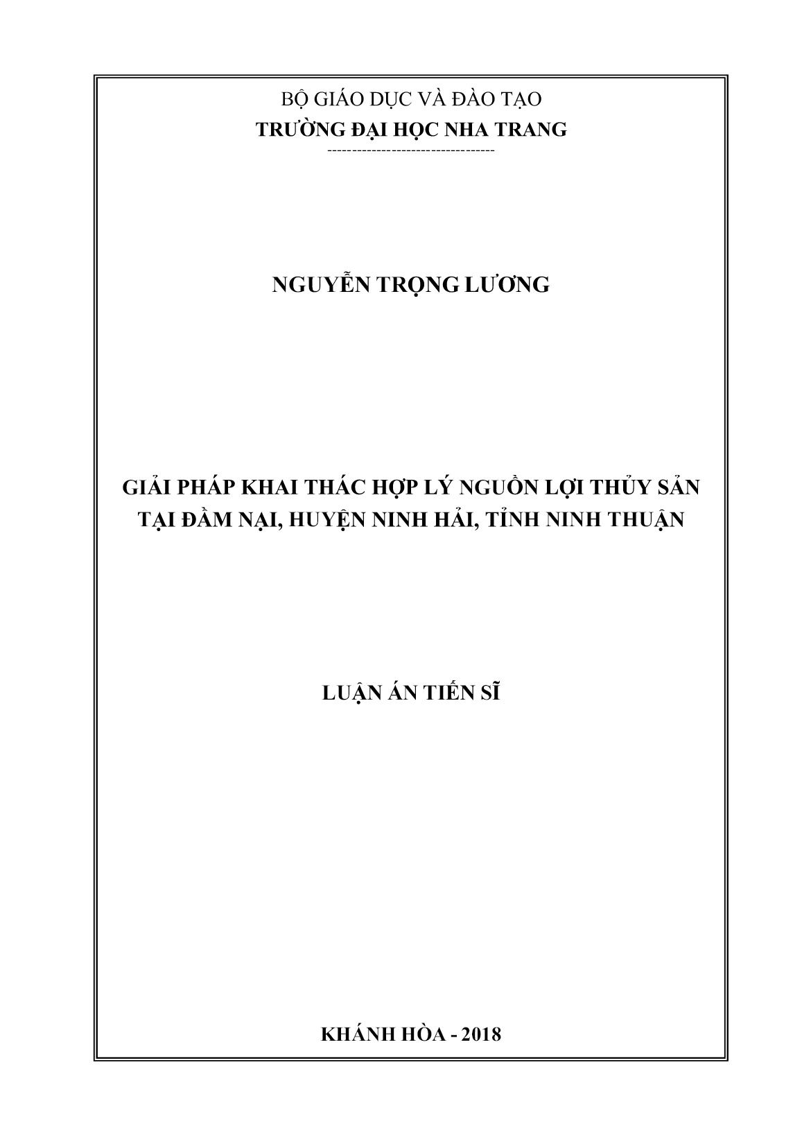 Luận án Giải pháp khai thác hợp lý nguồn lợi thủy sản tại đầm Nại, huyện Ninh Hải, tỉnh Ninh Thuận trang 1