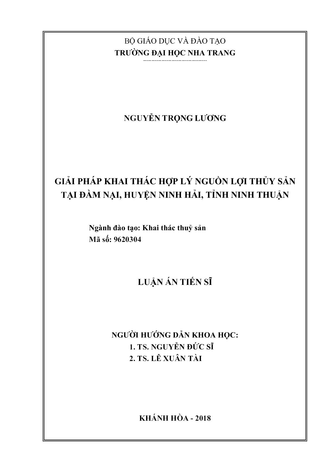 Luận án Giải pháp khai thác hợp lý nguồn lợi thủy sản tại đầm Nại, huyện Ninh Hải, tỉnh Ninh Thuận trang 2