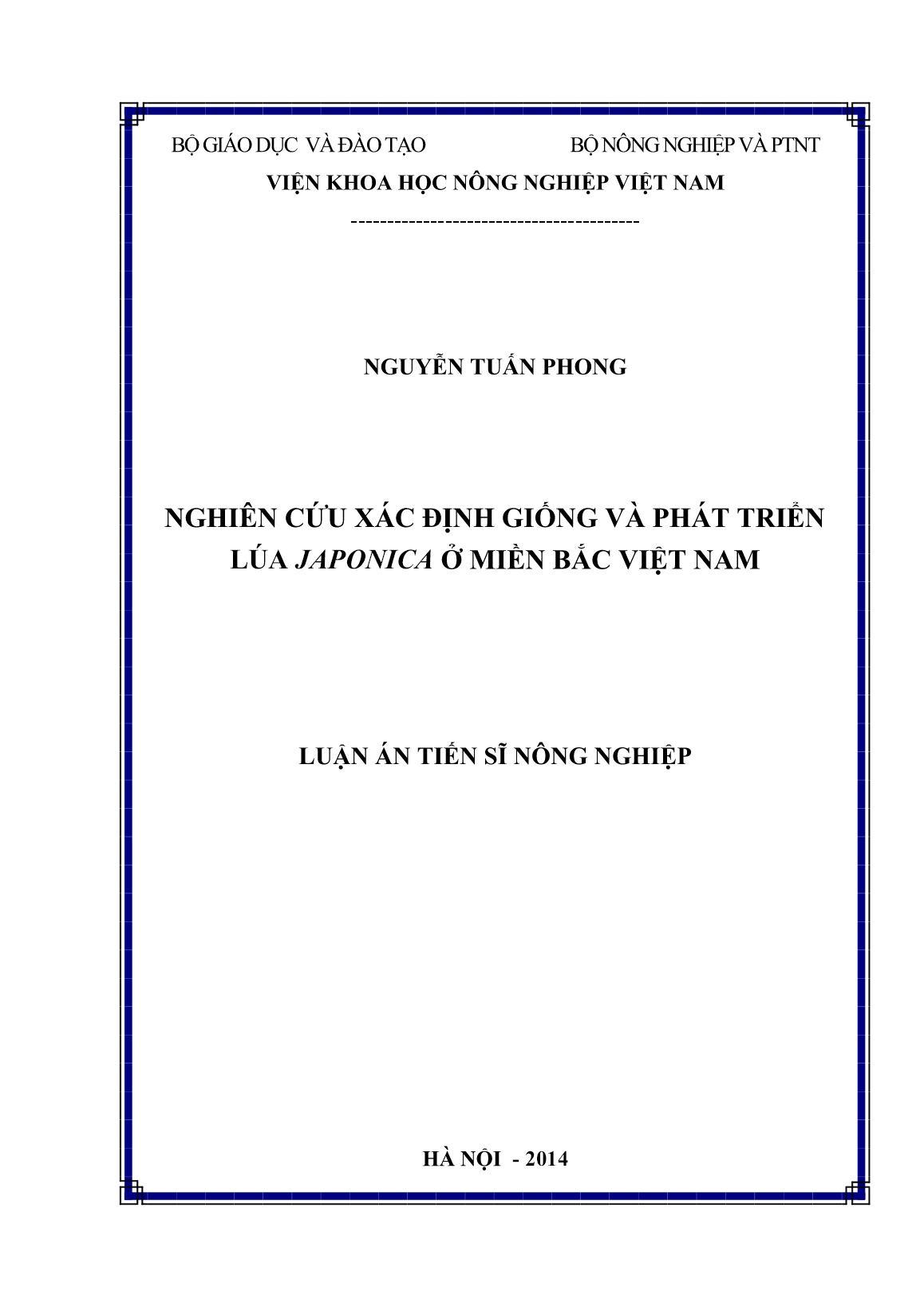 Luận án Nghiên cứu xác định giống và phát triển lúa Japonica ở miền Bắc Việt Nam trang 1