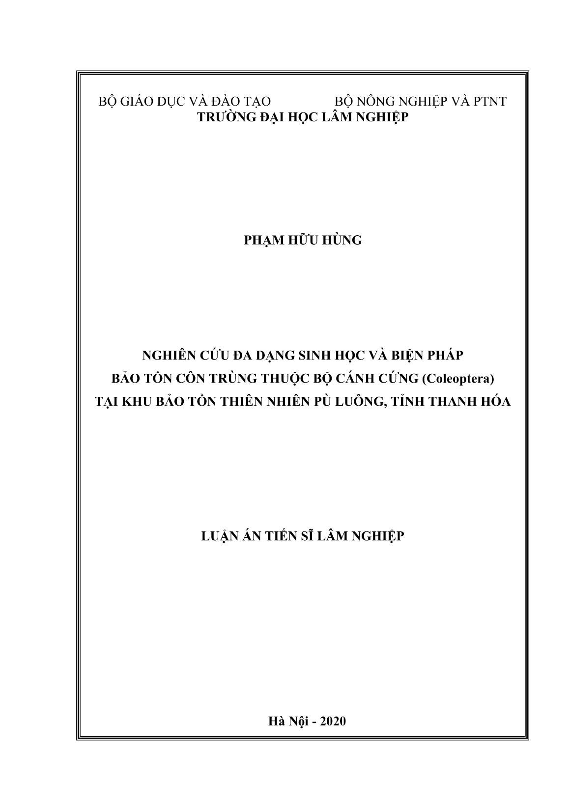 Luận án Nghiên cứu đa dạng sinh học và biện pháp bảo tồn côn trùng thuộc bộ cánh cứng (Coleoptera) tại khu bảo tồn thiên nhiên Pù Luông, tỉnh Thanh Hóa trang 1