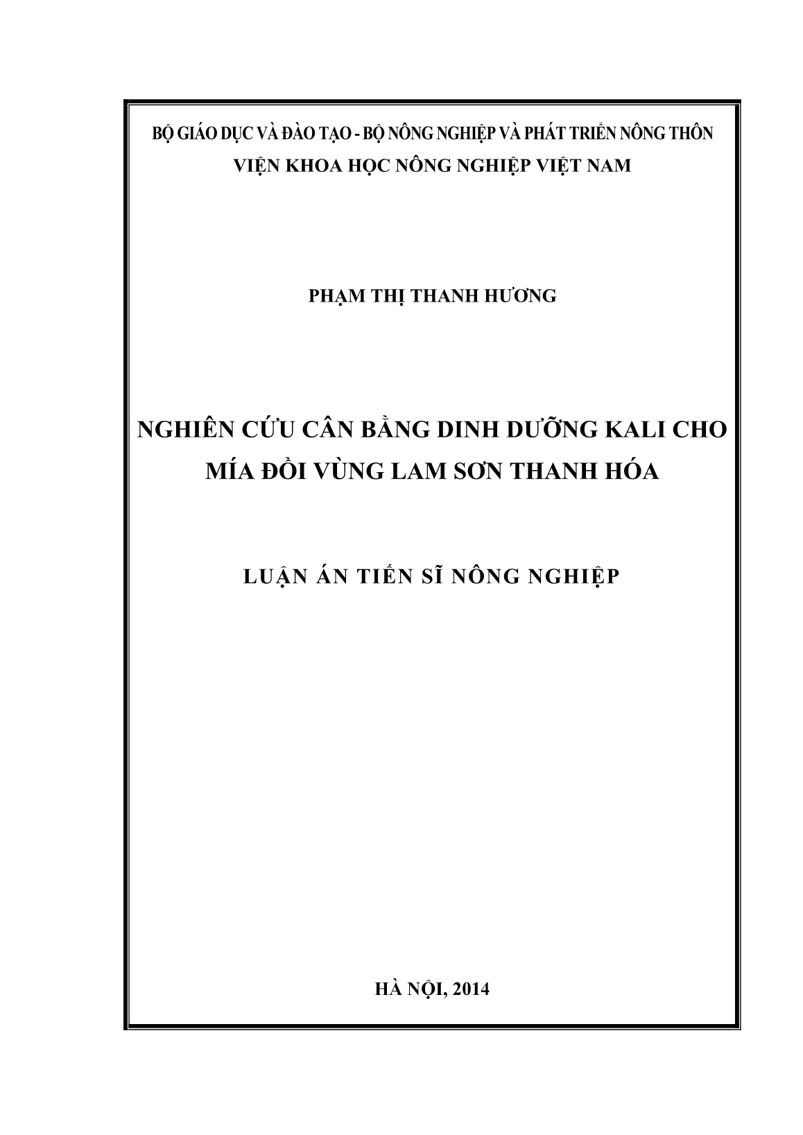 Luận án Nghiên cứu cân bằng dinh dưỡng Kali cho mía đồi vùng Lam Sơn Thanh Hóa trang 1