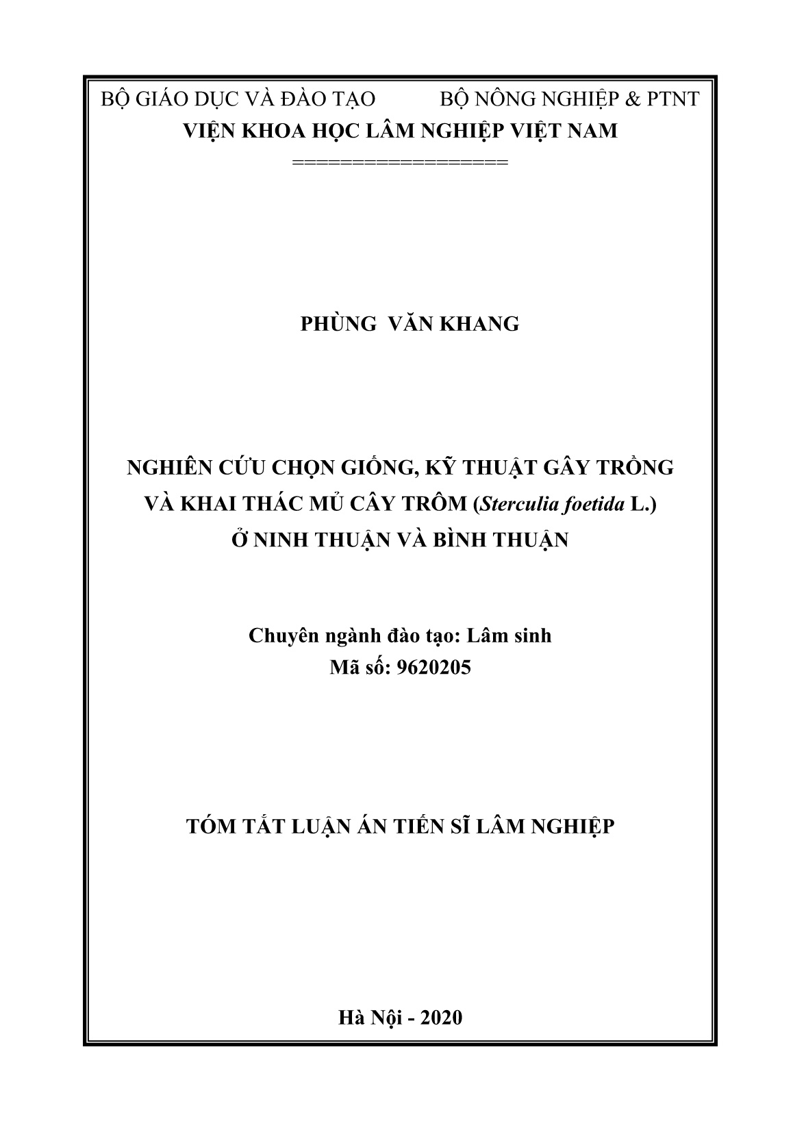 Tóm tắt Luận án Nghiên cứu chọn giống, kỹ thuật gây trồng và khai thác mủ cây trôm (Sterculia foetida L.) ở Ninh Thuận và Bình Thuận trang 1