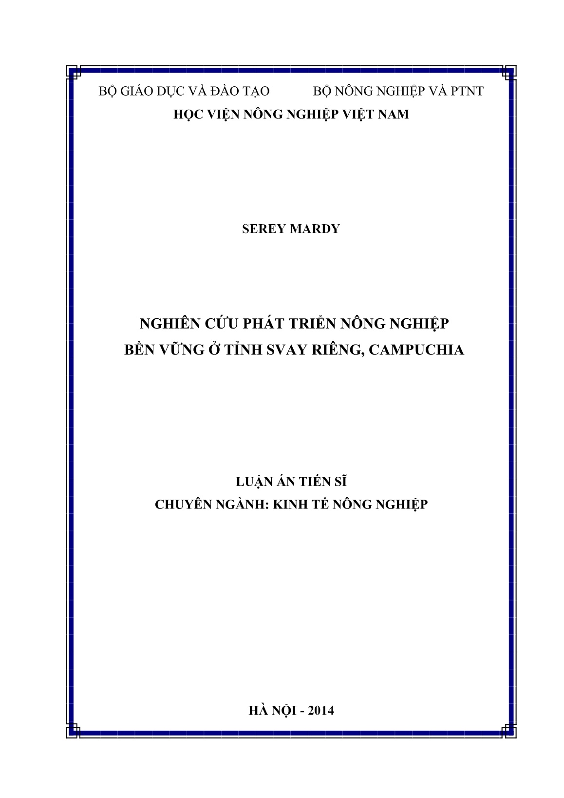 Luận án Nghiên cứu phát triển nông nghiệp bền vững ở tỉnh Svay Riêng, Campuchia trang 1