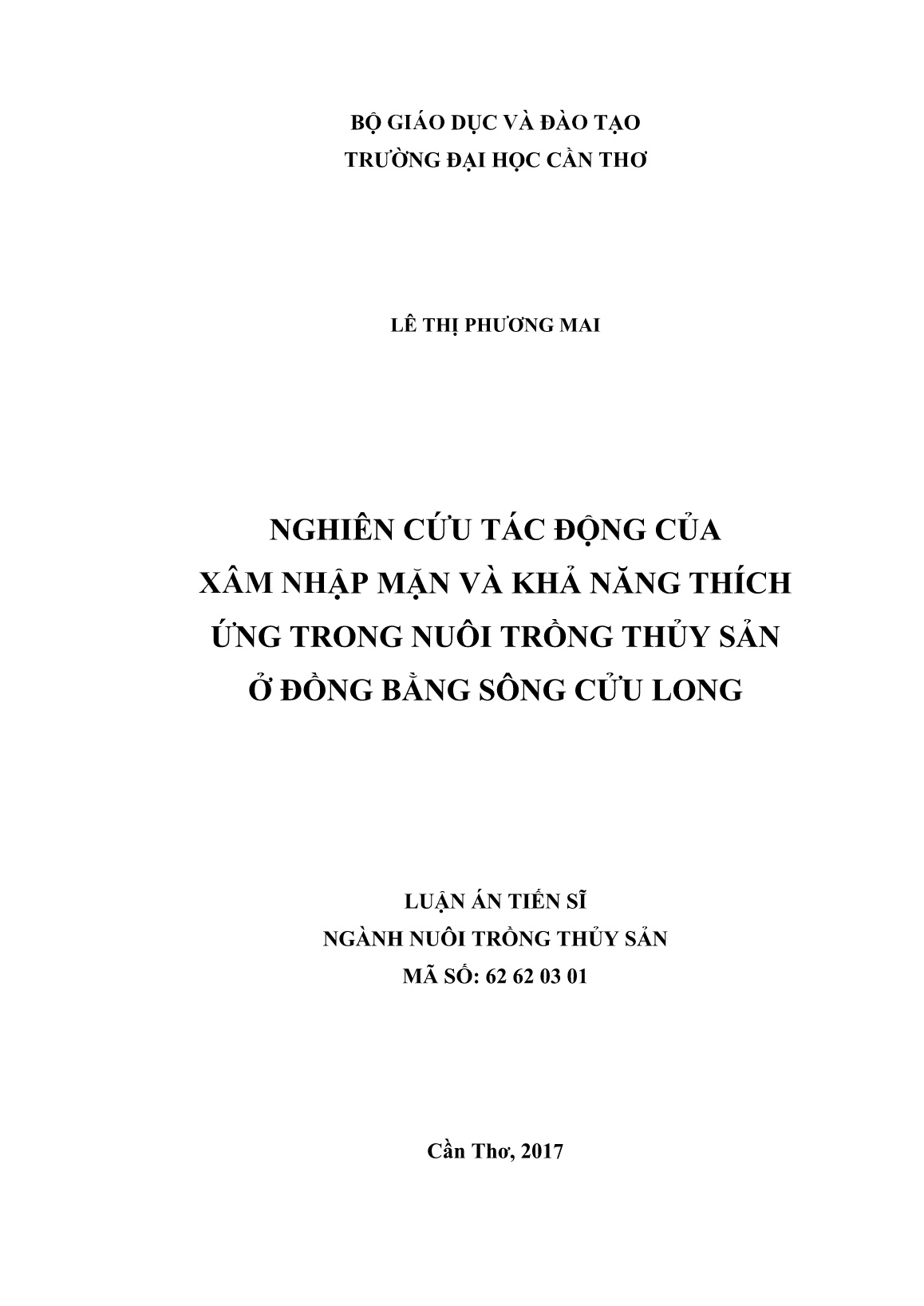Luận án Nghiên cứu tác động của xâm nhập mặn và khả năng thích ứng trong nuôi trồng thủy sản ở đồng bằng sông Cửu Long trang 1