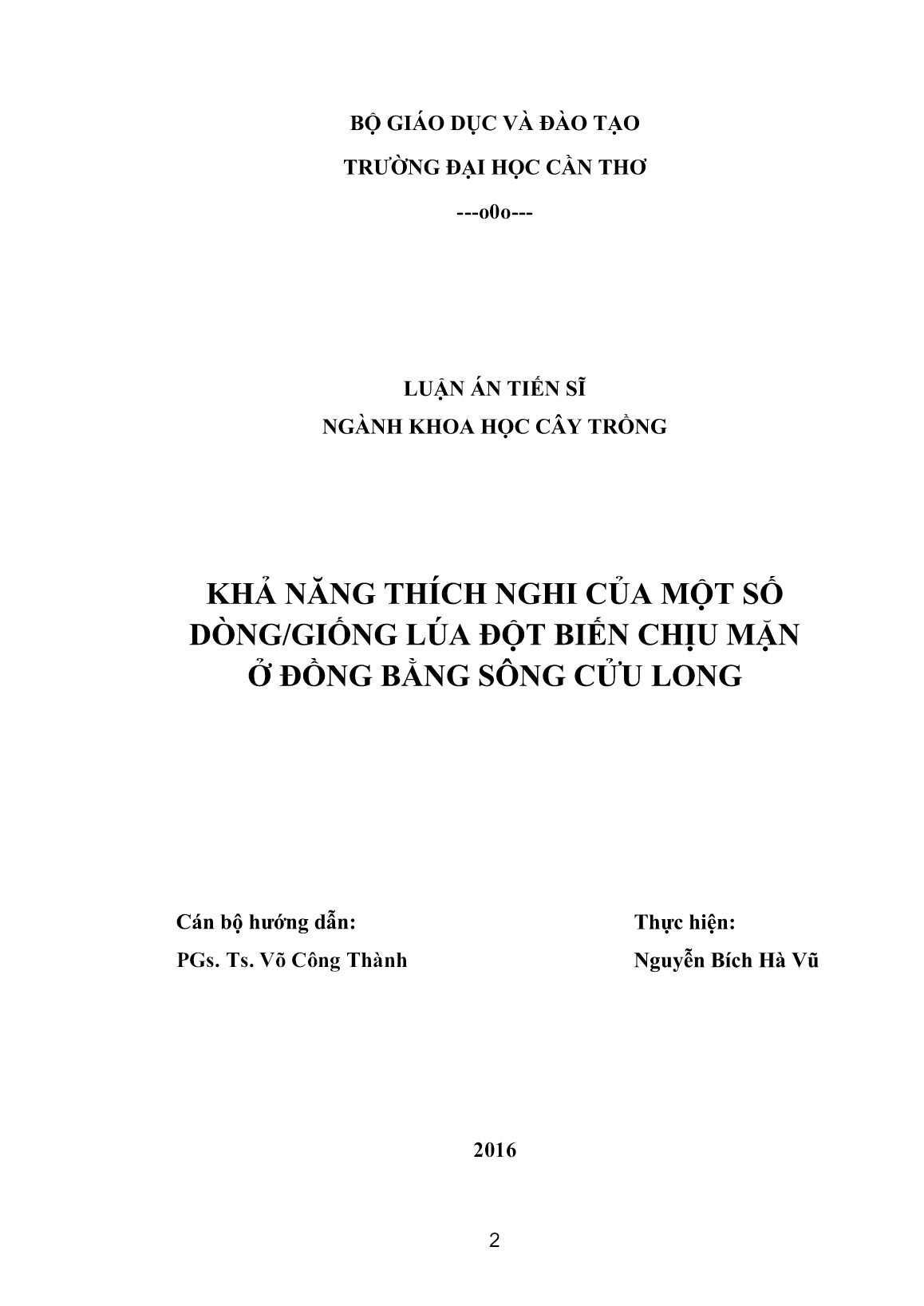 Luận án Khả năng thích nghi của một số dòng/giống lúa đột biến chịu mặn ở đồng bằng sông Cửu Long trang 2