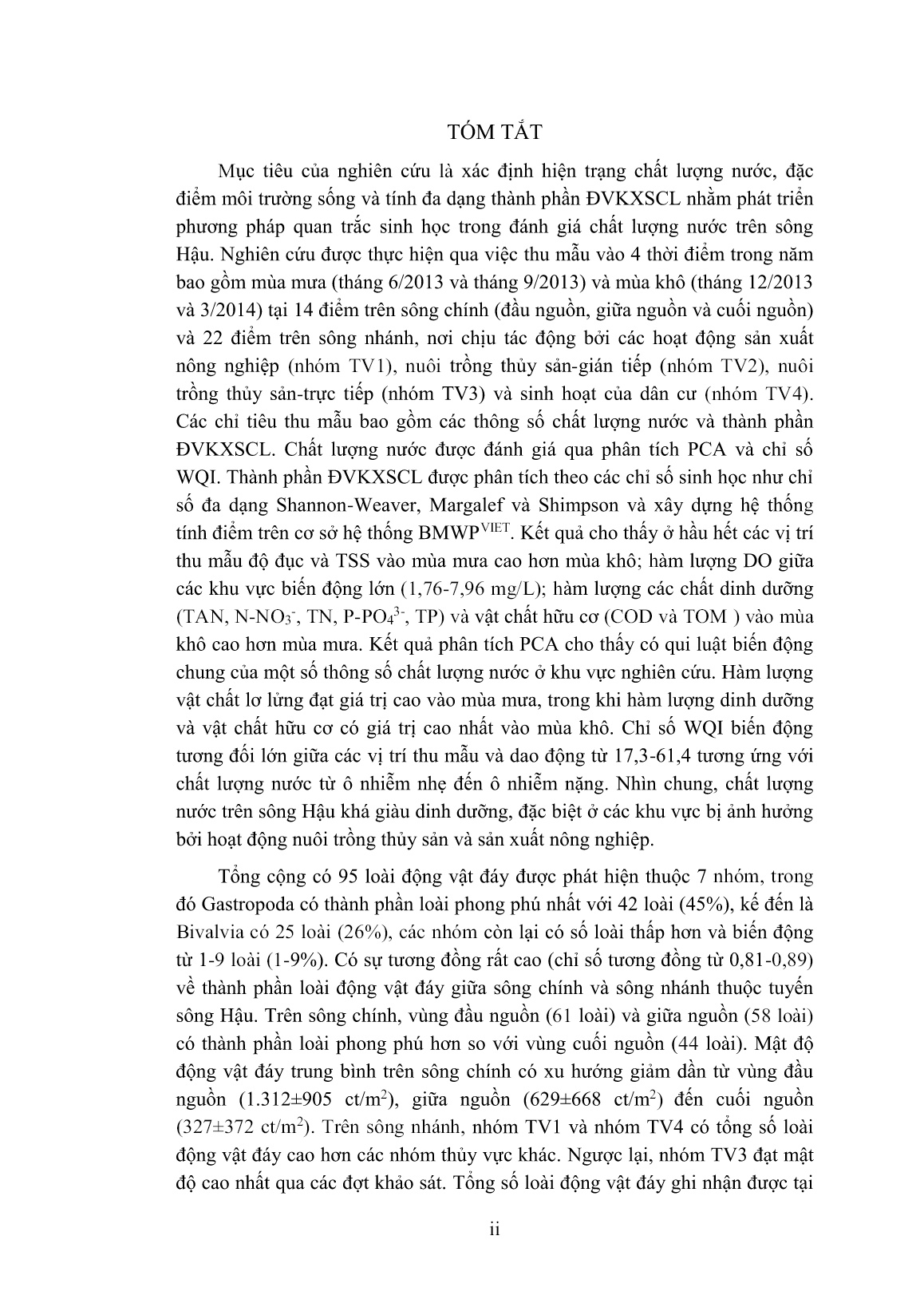 Luận án Nghiên cứu phương pháp quan trắc sinh học trong đánh giá chất lượng nước trên tuyến sông hậu sử dụng động vật không xương sống cỡ lớn trang 4 Luận án Nghiên cứu phương pháp quan trắc sinh học trong đánh giá chất lượng nước trên tuyến sông hậu sử dụng động vật không xương sống cỡ lớn trang 4