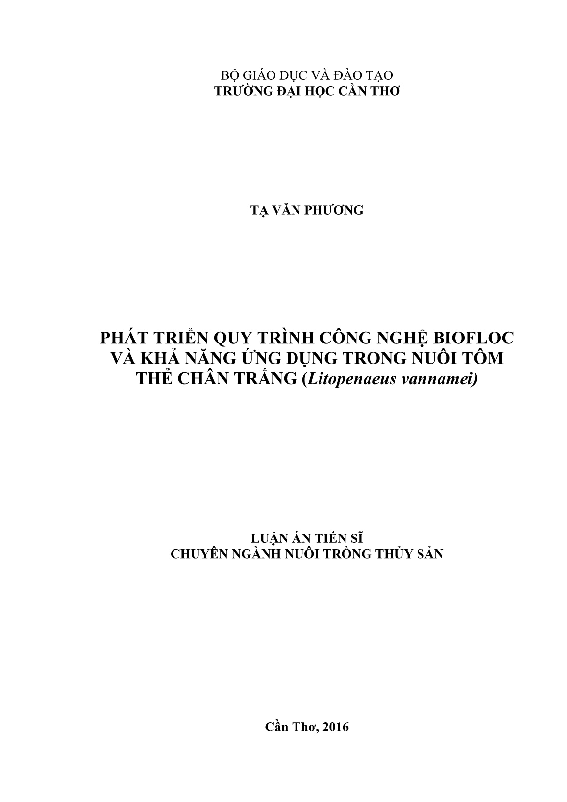 Luận án Phát triển quy trình công nghệ Biofloc và khả năng ứng dụng trong nuôi tôm thẻ chân trắng (Litopenaeus vannamei) trang 1 Luận án Phát triển quy trình công nghệ Biofloc và khả năng ứng dụng trong nuôi tôm thẻ chân trắng (Litopenaeus vannamei) trang 1