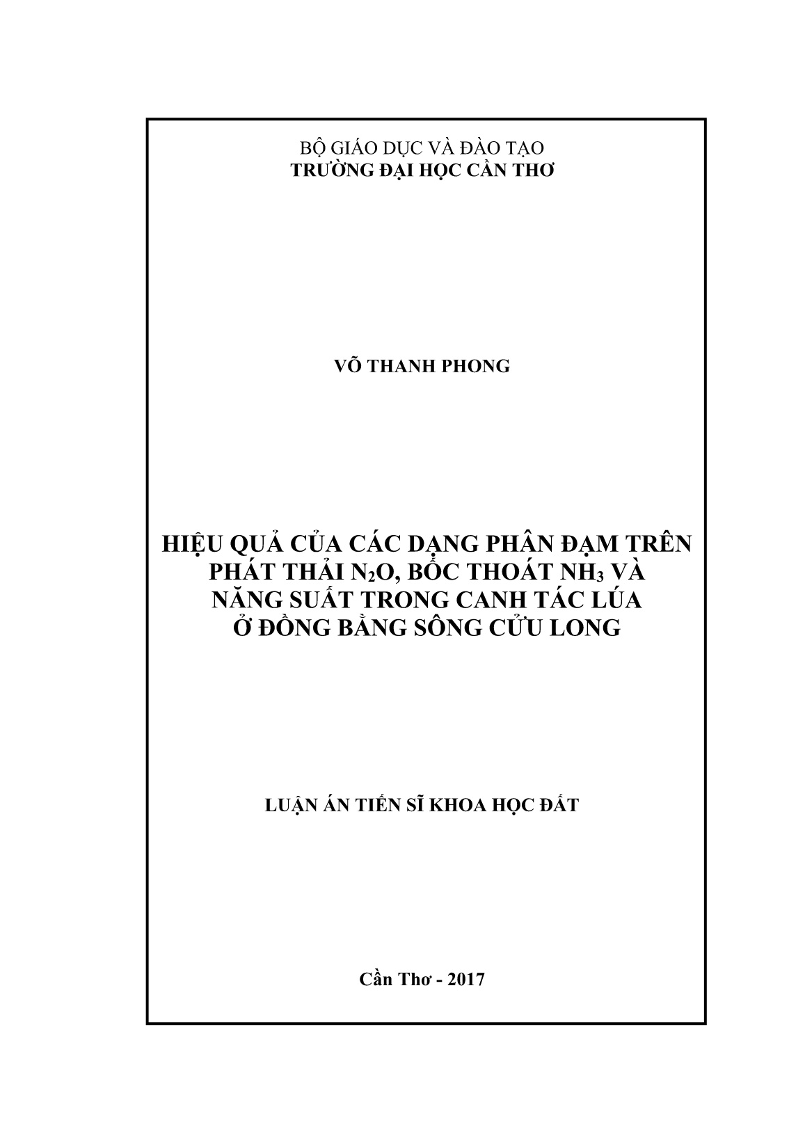 Luận án Hiệu quả của các dạng phân đạm trên phát thải N₂O, bốc thoát NH₃ và năng suất trong canh tác lúa ở đồng bằng sông Cửu Long trang 1